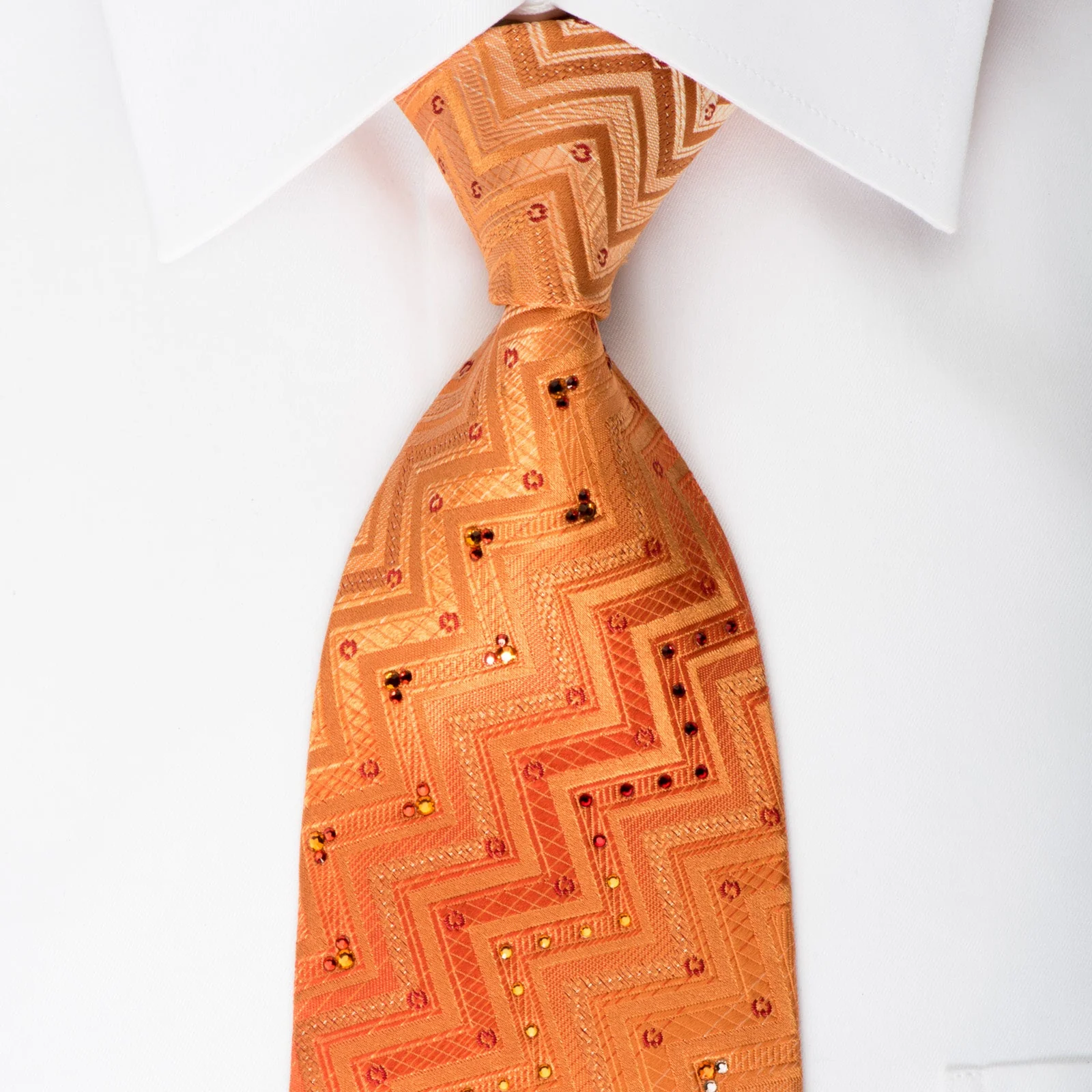 Mila Schon Rhinestone Silk Necktie Chevron On Orange With Silver Sparkles