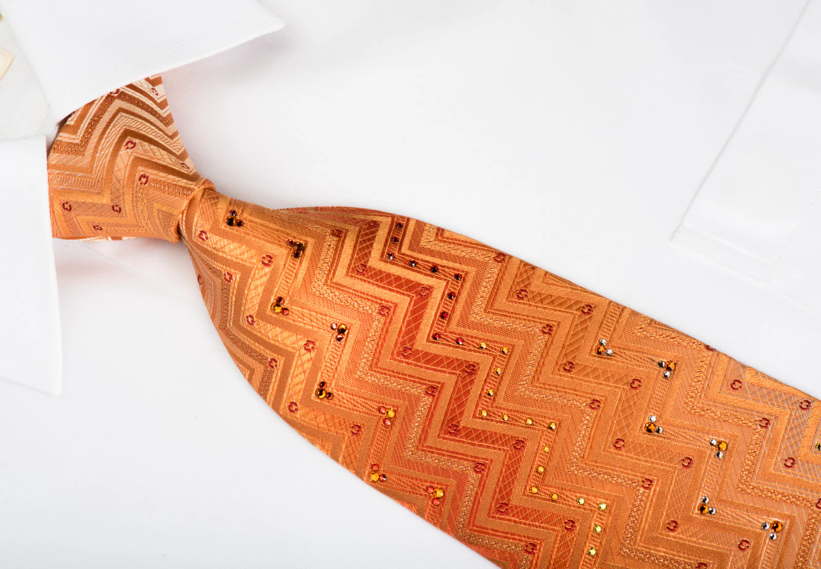 Mila Schon Rhinestone Silk Necktie Chevron On Orange With Silver Sparkles - Image 3