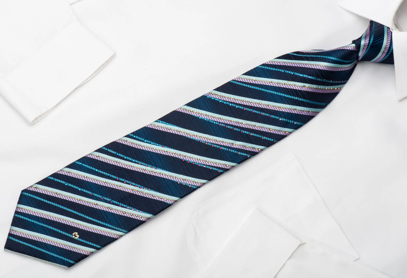 Mila Schon Rhinestone Silk Necktie Classic Striped On Blue With Silver Sparkles - Image 2