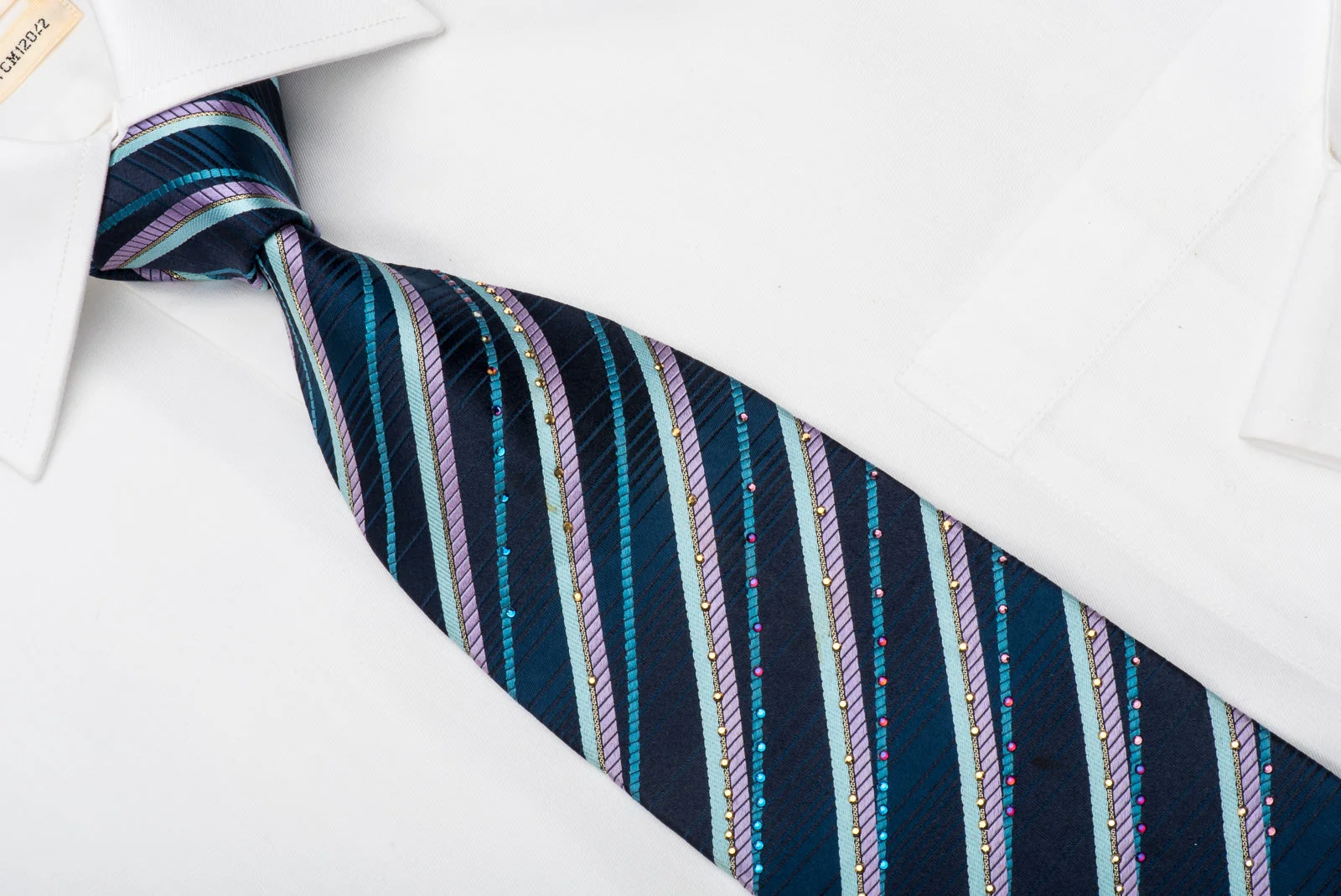 Mila Schon Rhinestone Silk Necktie Classic Striped On Blue With Silver Sparkles - Image 3