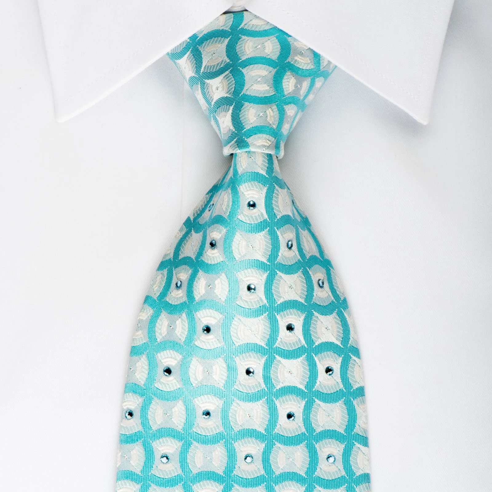 Mila Schon Rhinestone Silk Necktie Geometric On Blue With Silver Sparkles