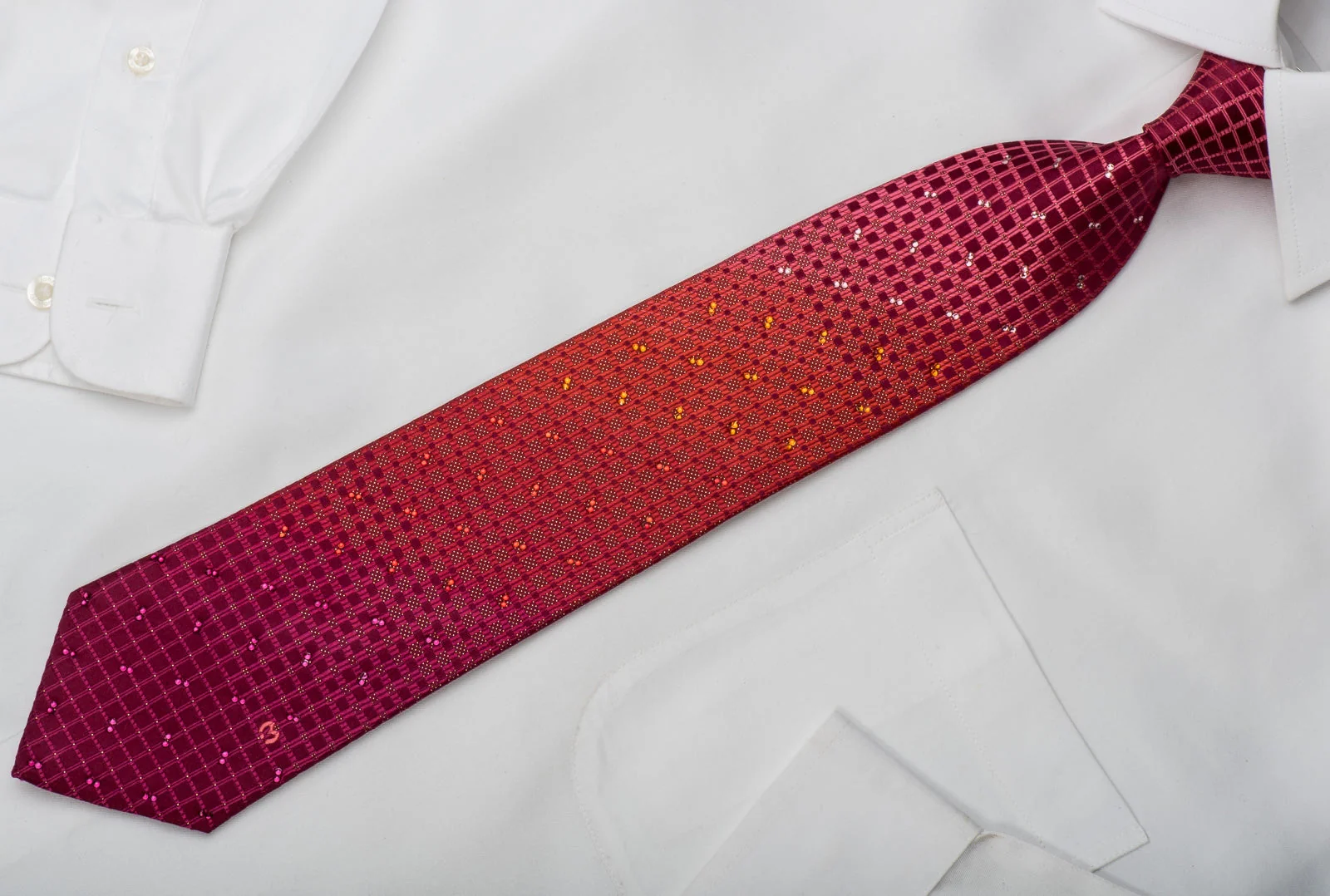 Mila Schon Rhinestone Silk Necktie Geometric Squares On Red With Gold Sparkles - Image 2