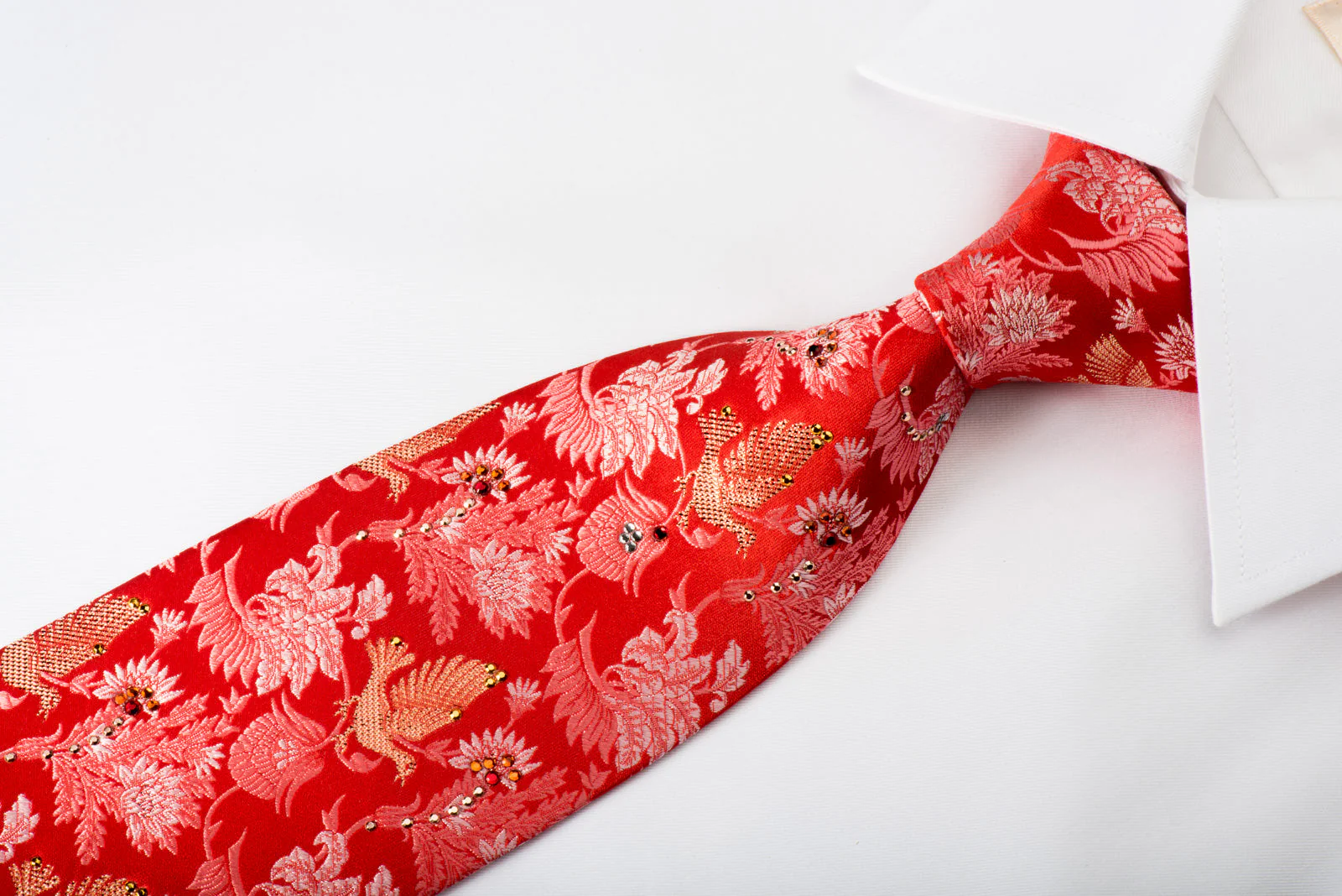 Mila Schon Rhinestone Silk Necktie Gold Doves On Anthemion On Red With Gold Sparkles - Image 3