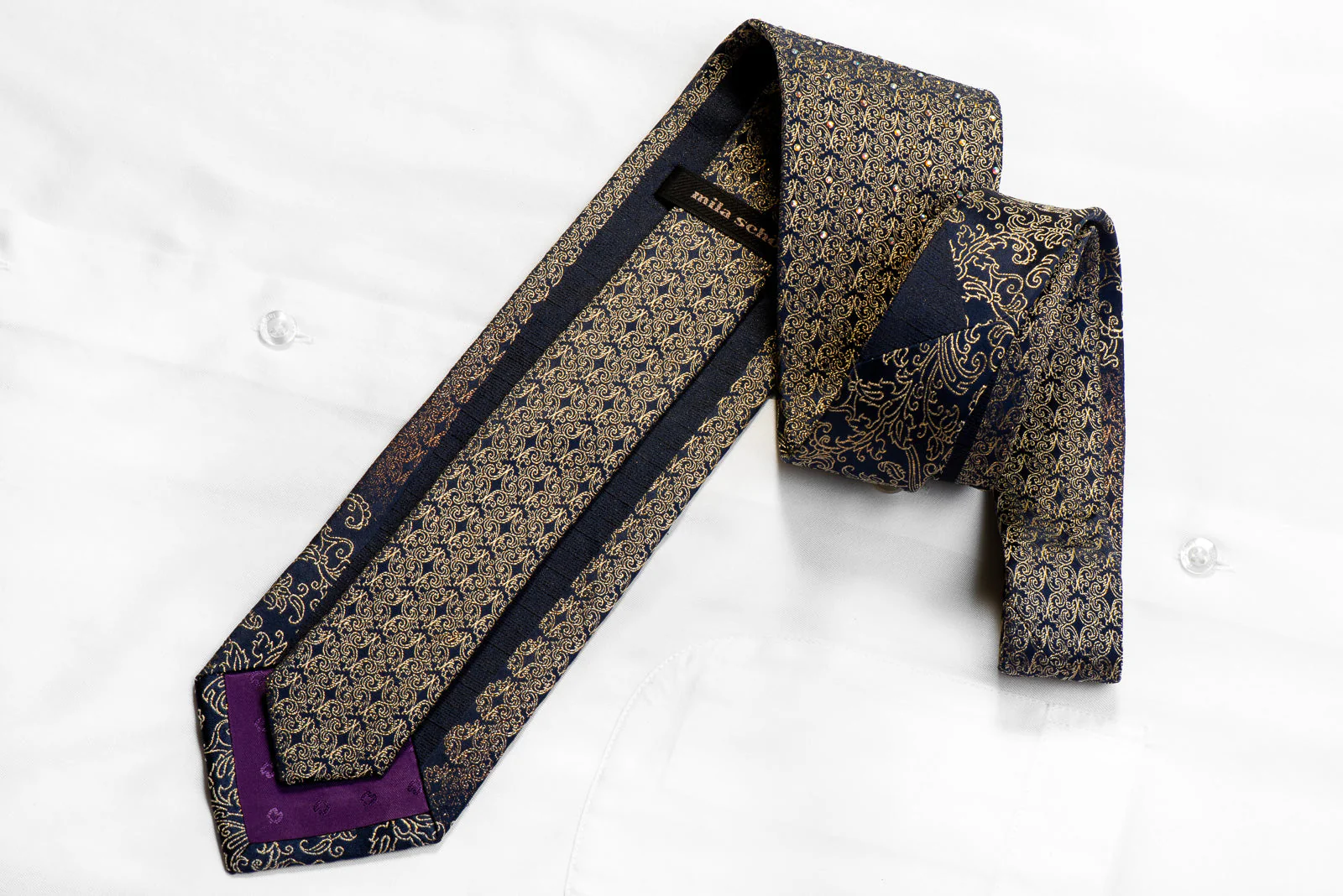 Rhinestone Silk Necktie Gold Filigree On Navy With Gold Studs - Image 5