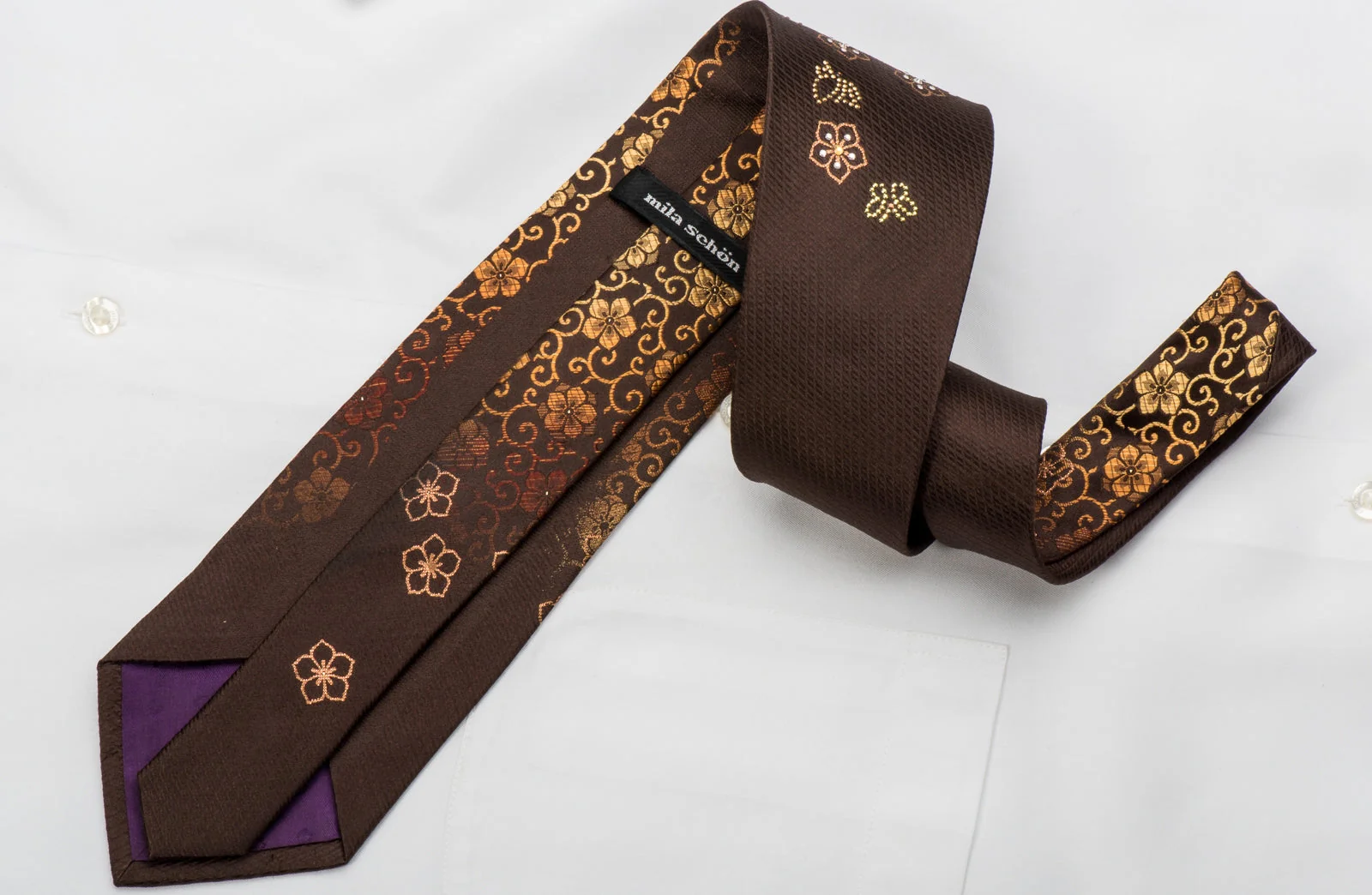 Mila Schon Rhinestone Silk Necktie Golden Floral & Butterflies On Brown With Sparkles - Image 5