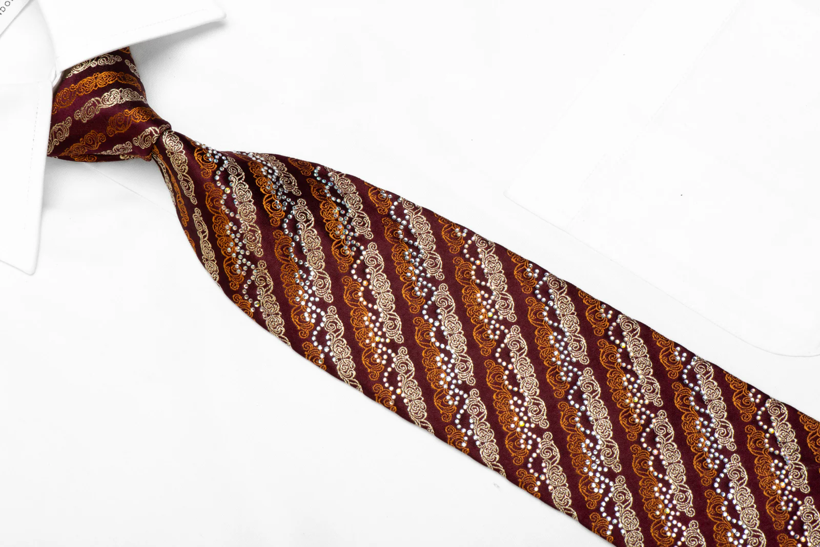 Mila Schon Rhinestone Silk Necktie Orange Gold Cartouche Striped On Burgundy - Image 2