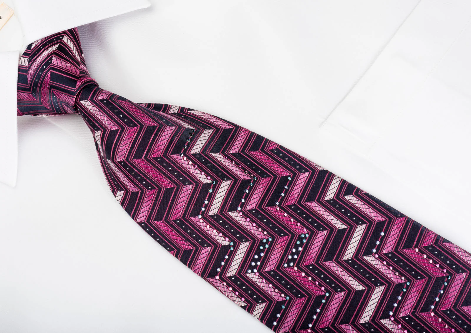Mila Schon Rhinestone Silk Necktie Purple Chevron With Sparkles - Image 3