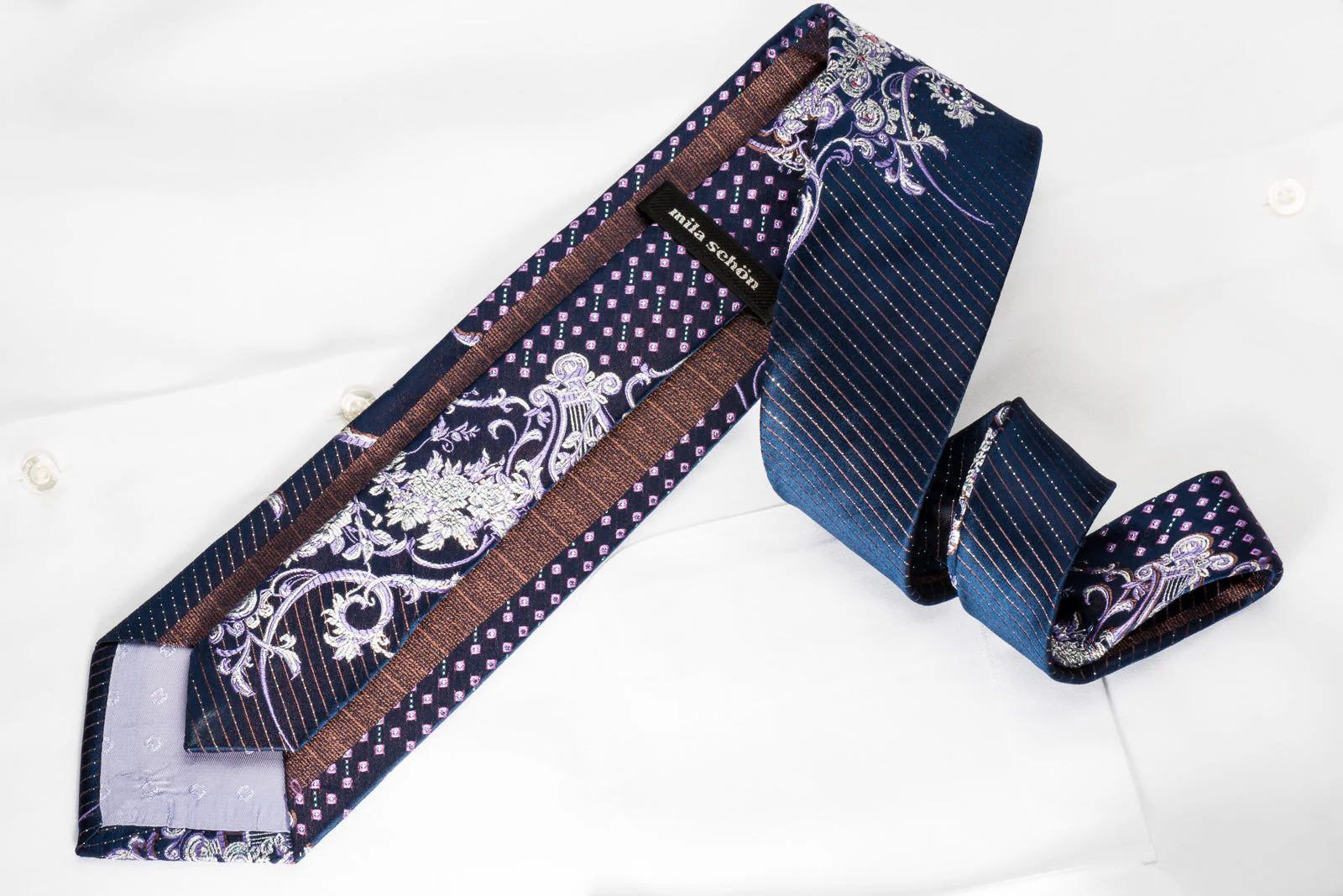 Mila Schon Rhinestone Silk Necktie Silver Baroque On Blue With Sparkles - Image 2