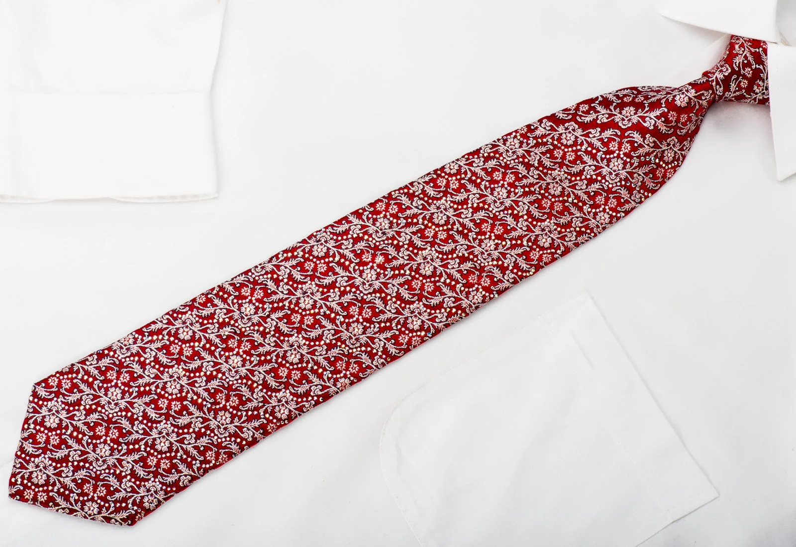 Mila Schon Rhinestone Silk Necktie Silver Floral On Red With Sparkles - Image 3