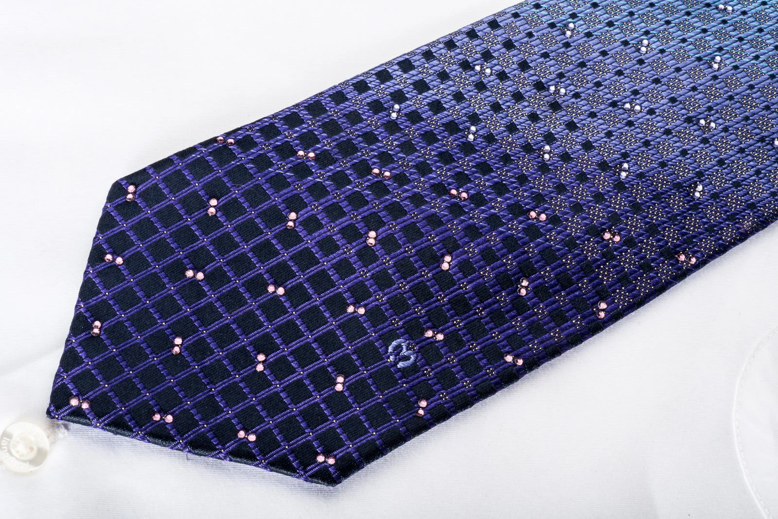 Mila Schon Rhinestone Silk Necktie Squares On Teal Purple With Golden Sparkles - Image 2