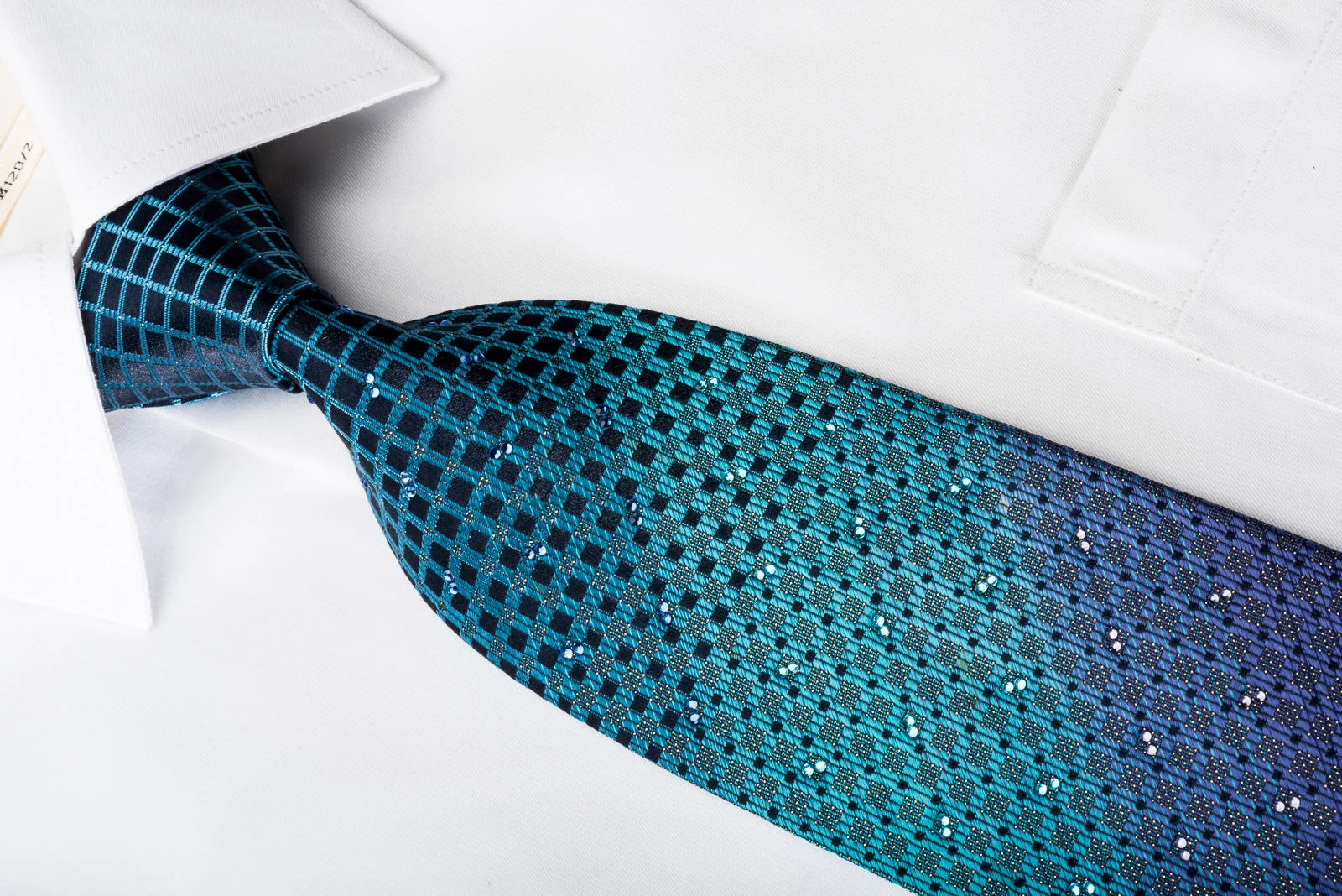Mila Schon Rhinestone Silk Necktie Squares On Teal Purple With Golden Sparkles - Image 5