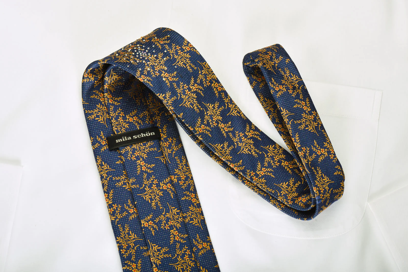 Mila Schon Rhinestone Silk Necktie Yellow Floral On Blue With Micro Sparkles - Image 5