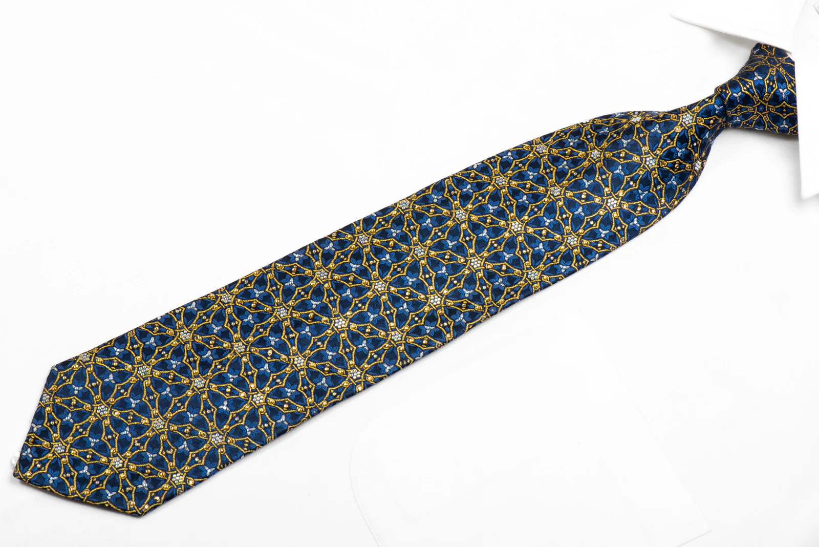Mila Schon Rhinestone Silk Tie Gold Trellis On Navy With Gold Sparkles - Image 3