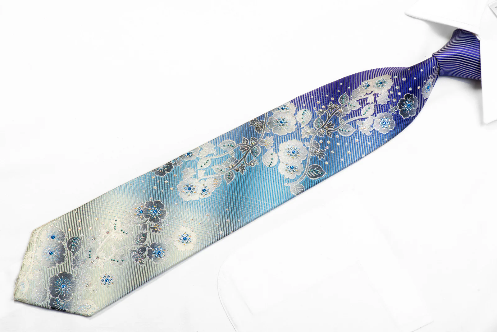 Mila Schon Rhinestone Silk Tie Silver Floral On Purple Blue With Sparkles - Image 3