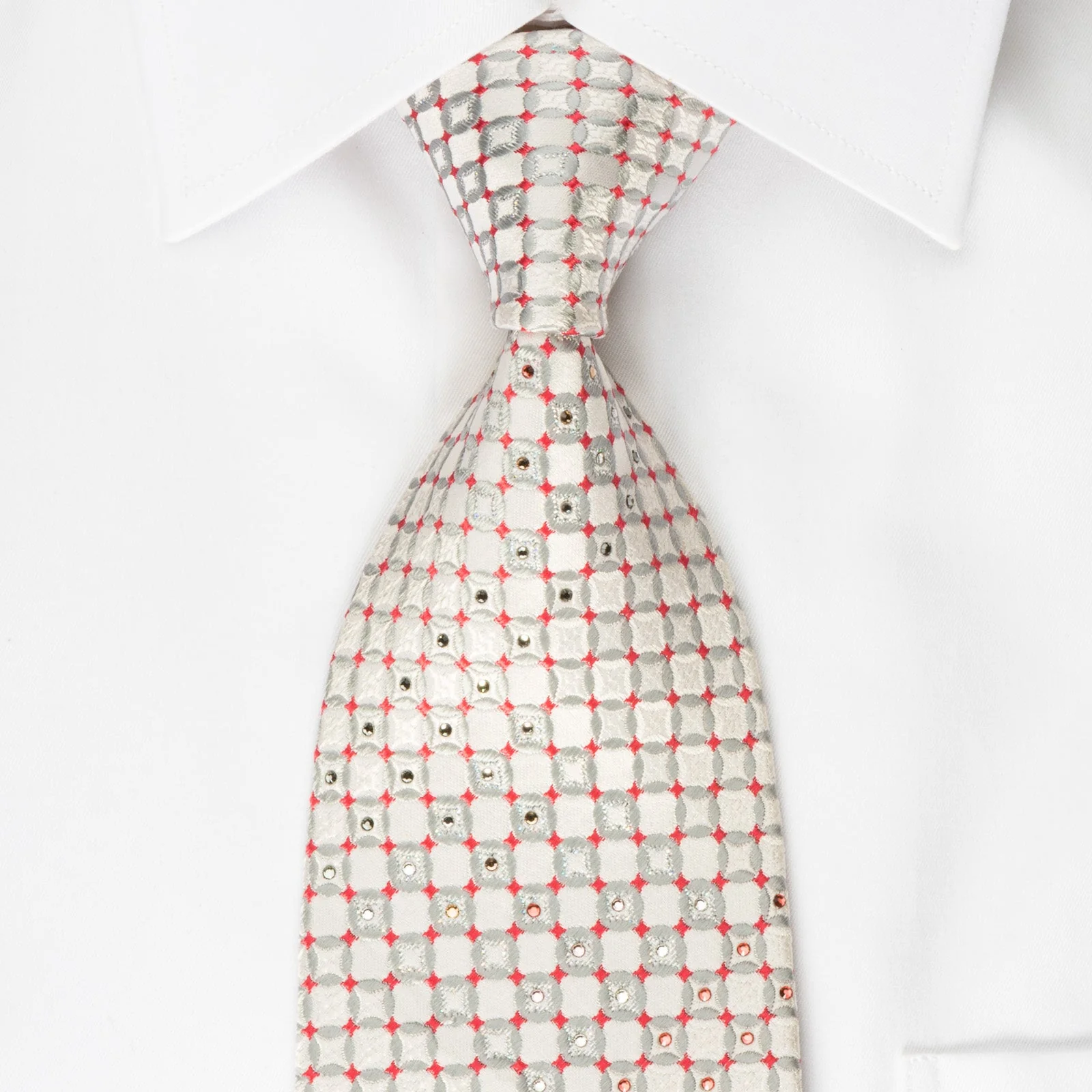 Mila Schon Rhinestone Silk Tie Silver Red Checker On White With Sparkles