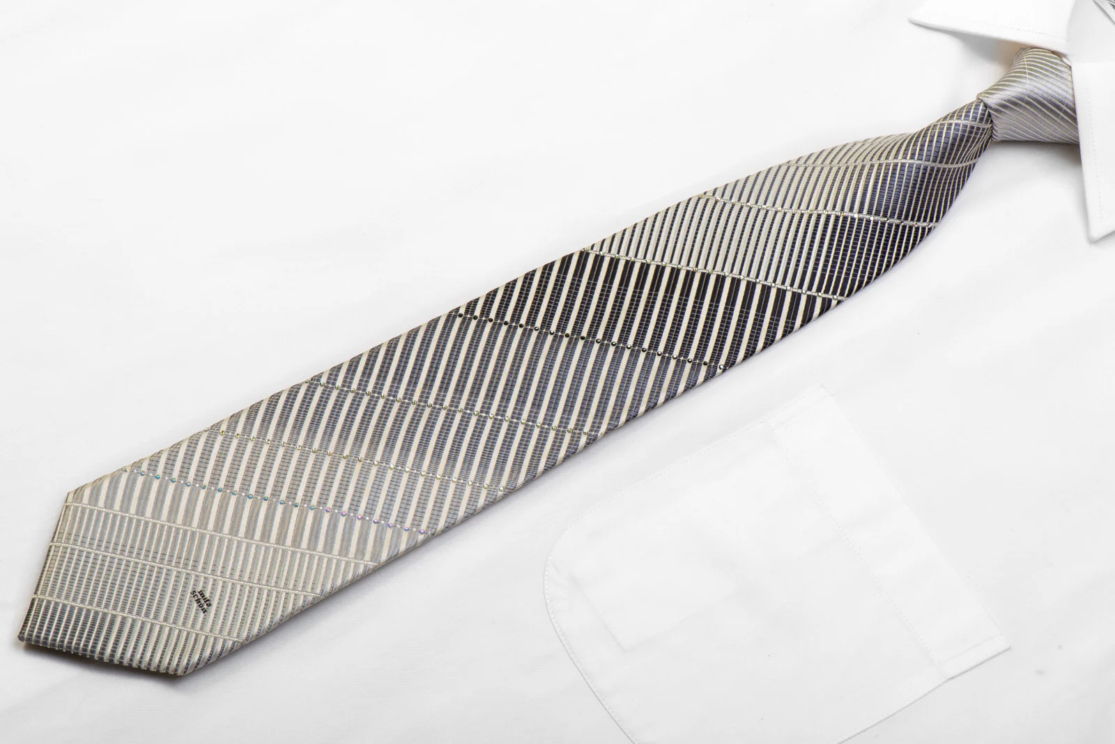 Mila Schon Rhinestone Silk Tie Silver Striped With Sparkles - Image 3