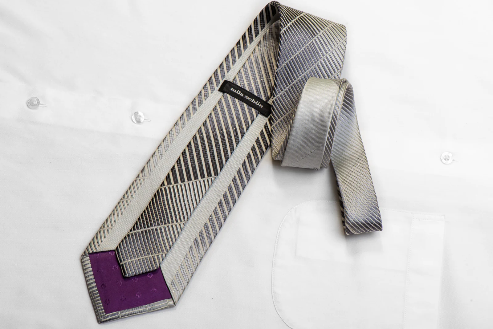 Mila Schon Rhinestone Silk Tie Silver Striped With Sparkles - Image 4