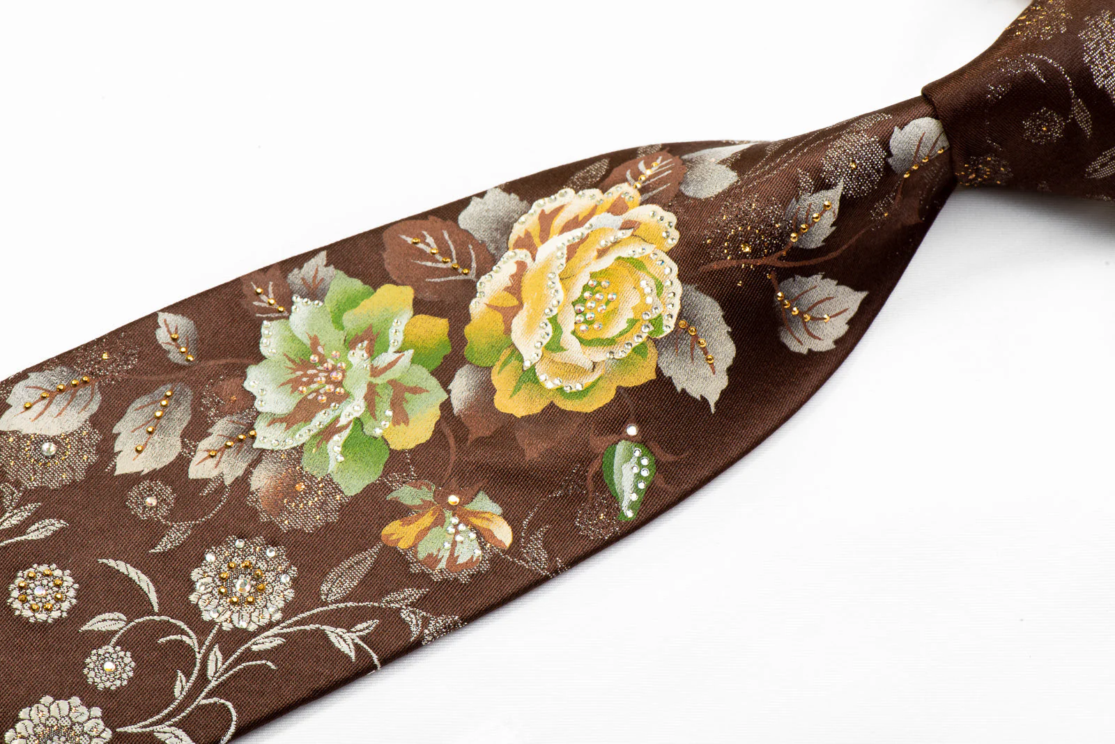 Mila Schon Rhinestone Tie Floral On Brown Silk - Image 4