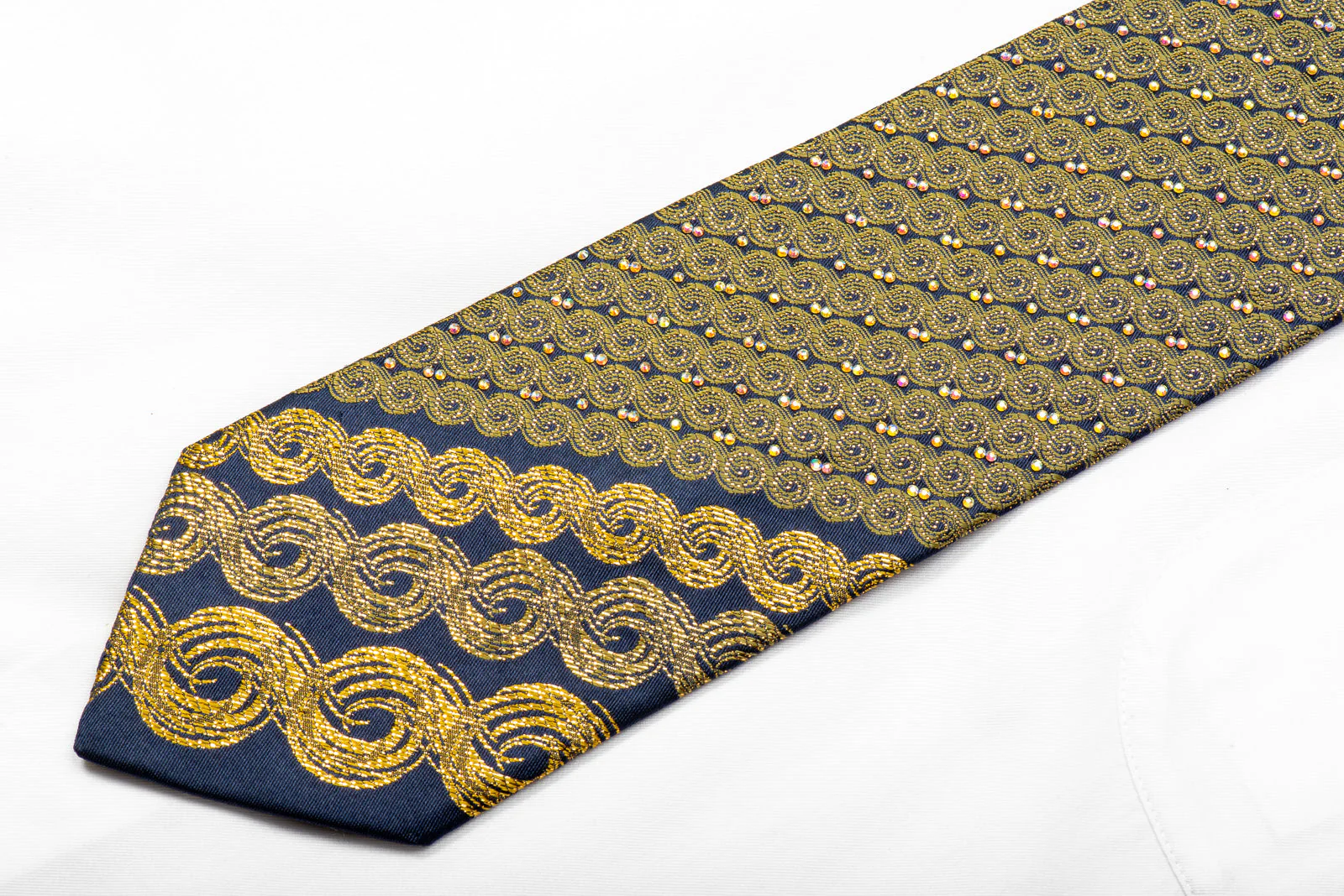 Rhinestone Tie Golden Scrolls On Navy With Sparkles - Image 3