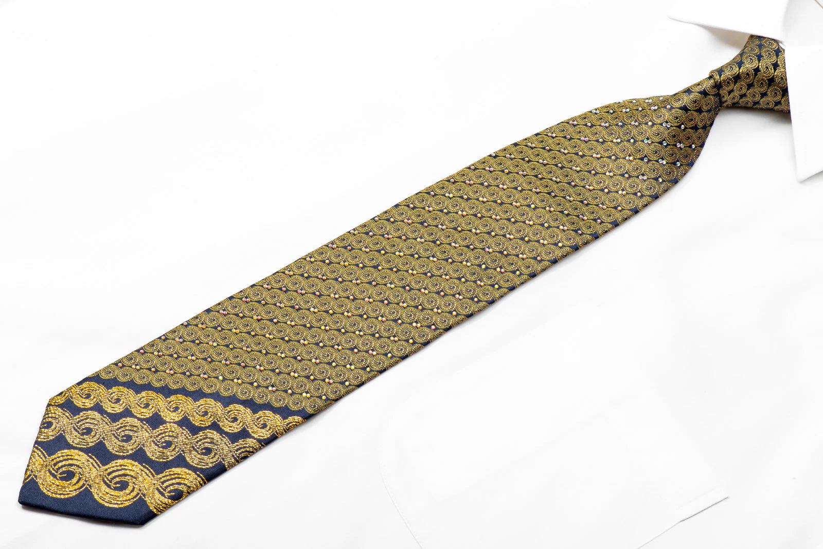 Rhinestone Tie Golden Scrolls On Navy With Sparkles - Image 4