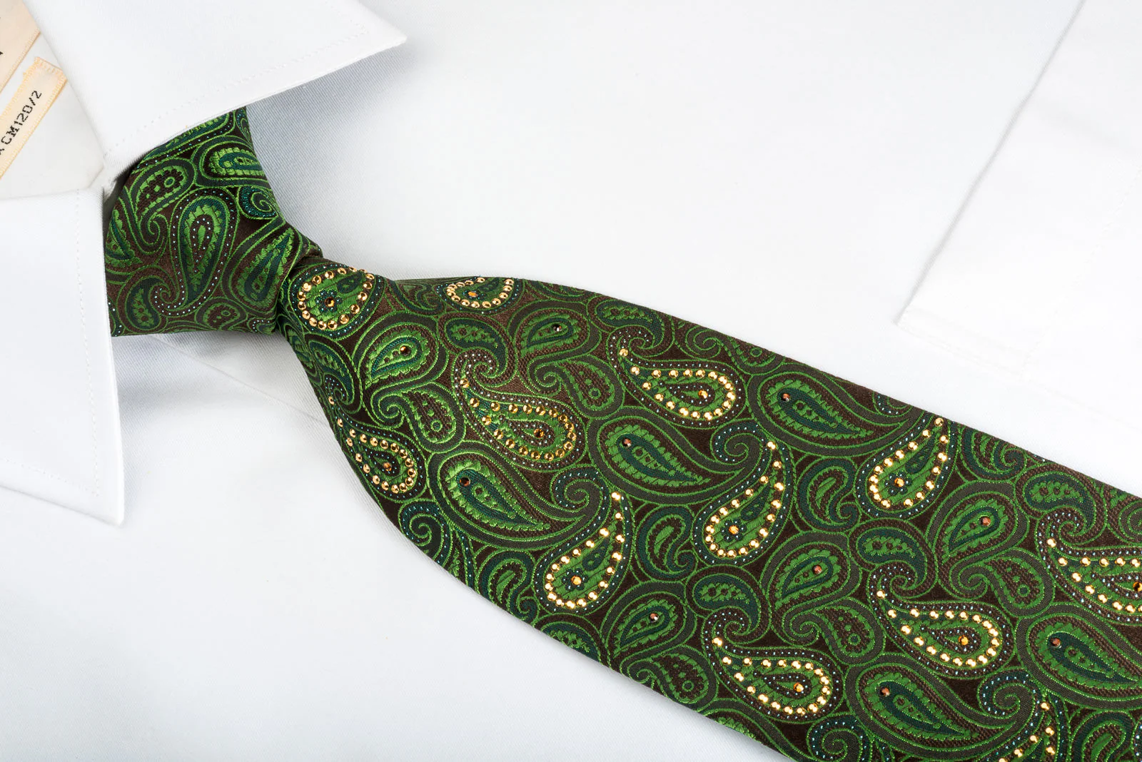 Green Paisley On Brown Rhinestone Tie With Gold Sparkles - Image 4