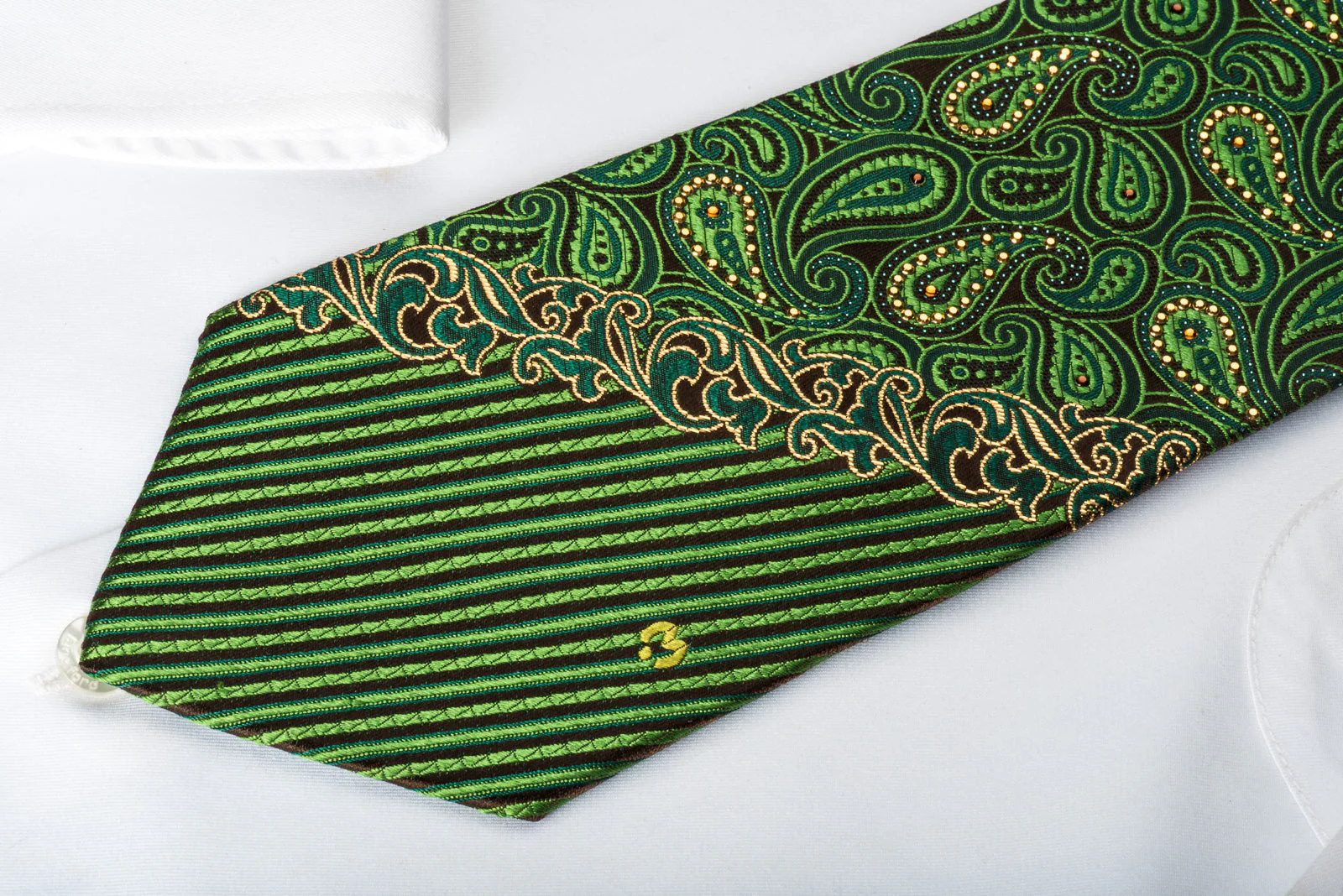 Green Paisley On Brown Rhinestone Tie With Gold Sparkles - Image 6