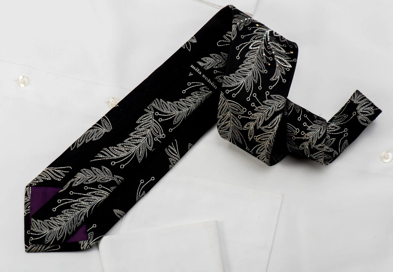 Mila Schon Rhinestone Tie Silver Floral On Black With Sparkles - Image 4