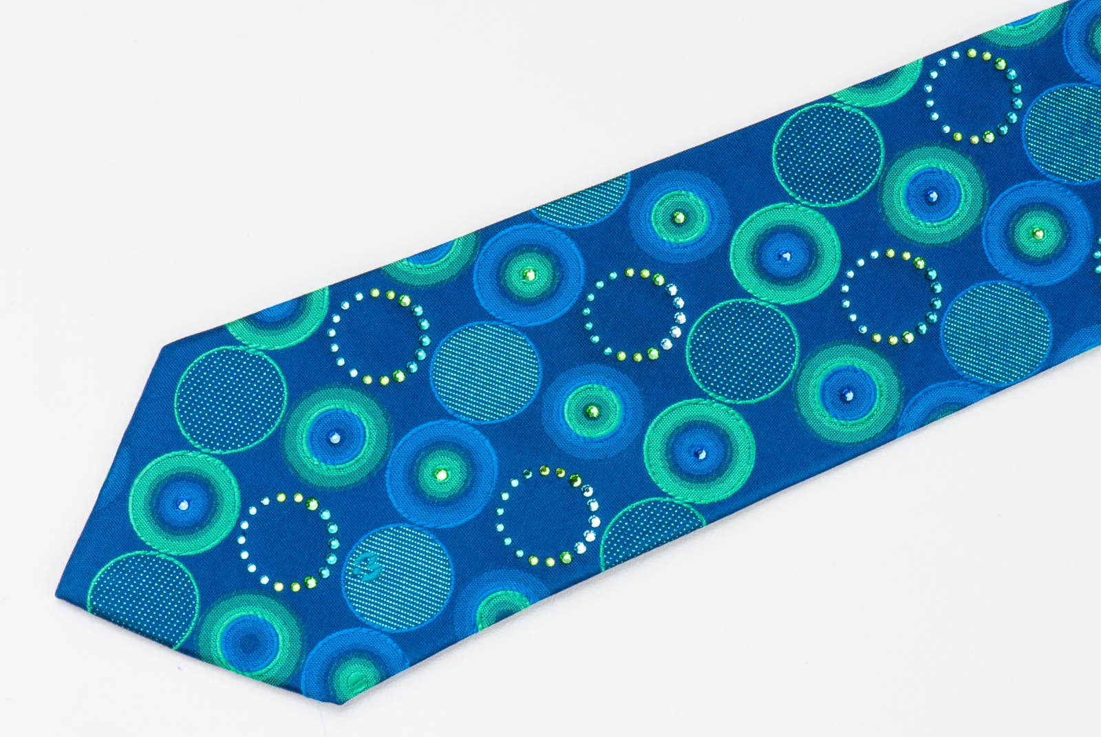 Mila Schon Silk Neck Tie Turquoise Geometric Circles On Blue With Rhinestones - Image 3
