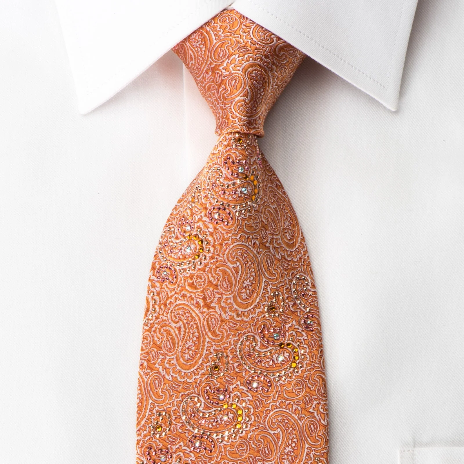 Mila Schon Silk Necktie Paisley On Orange Sparkling With Rhinestones