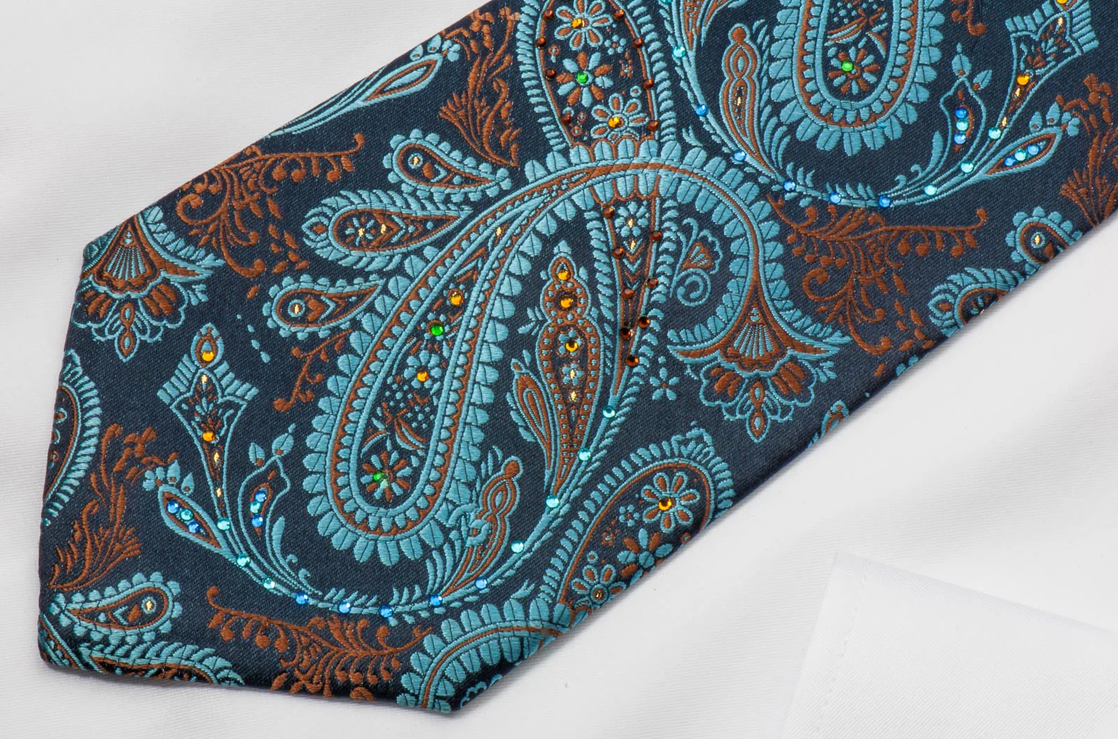 Mila Schon Silk Necktie With Rhinestones Turquoise Paisley On Blue With Golden Sparkles - Image 5