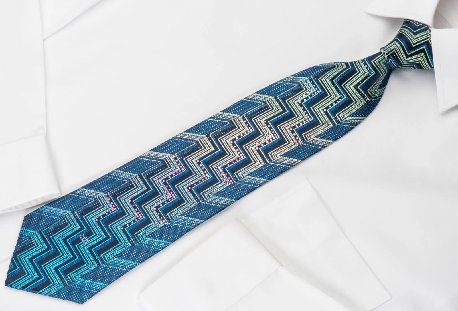 Mila Schon Silk Rhinestone Necktie Geometric On Blue With Silver Sparkles - Image 5