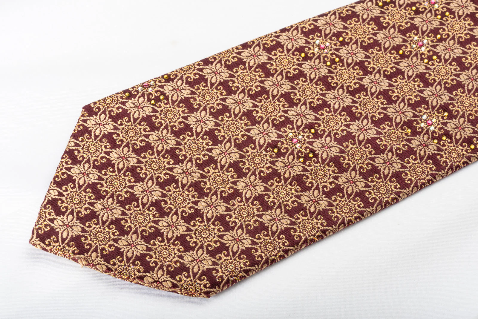 Mila Schon Silk Rhinestone Necktie Golden Floral Trellis On Brown Silk With Silver Sparkles - Image 4