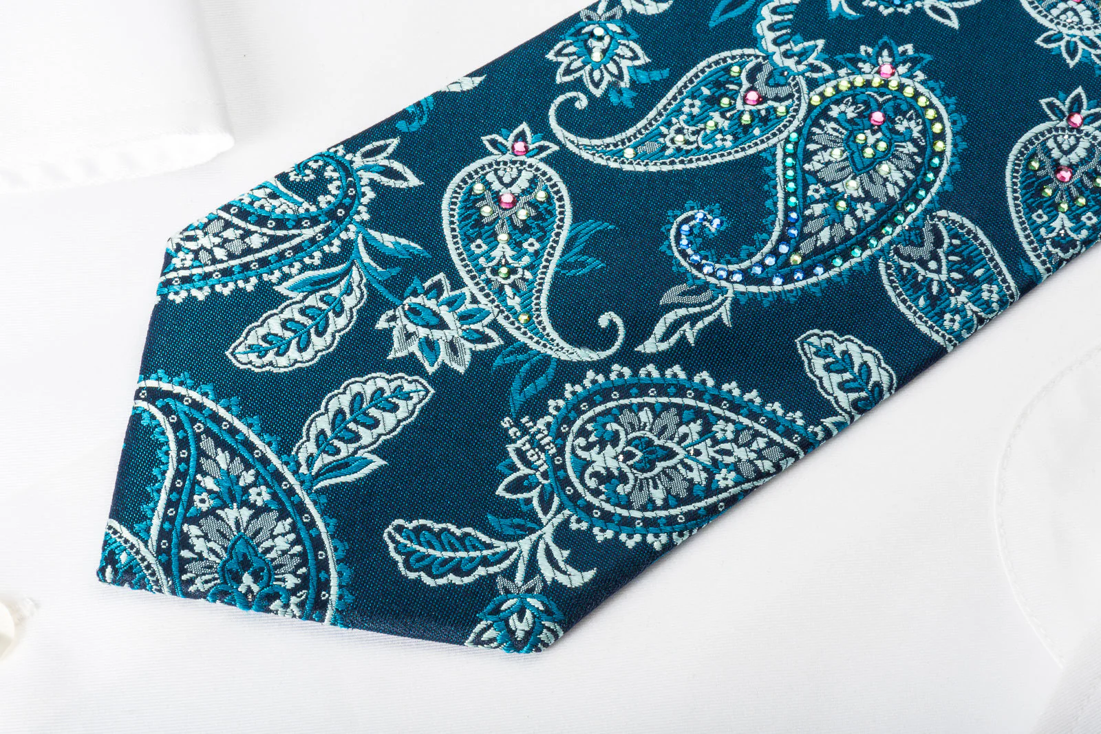 Mila Schon Silk Rhinestone Necktie Paisley On Blue With Silver Sparkles - Image 2