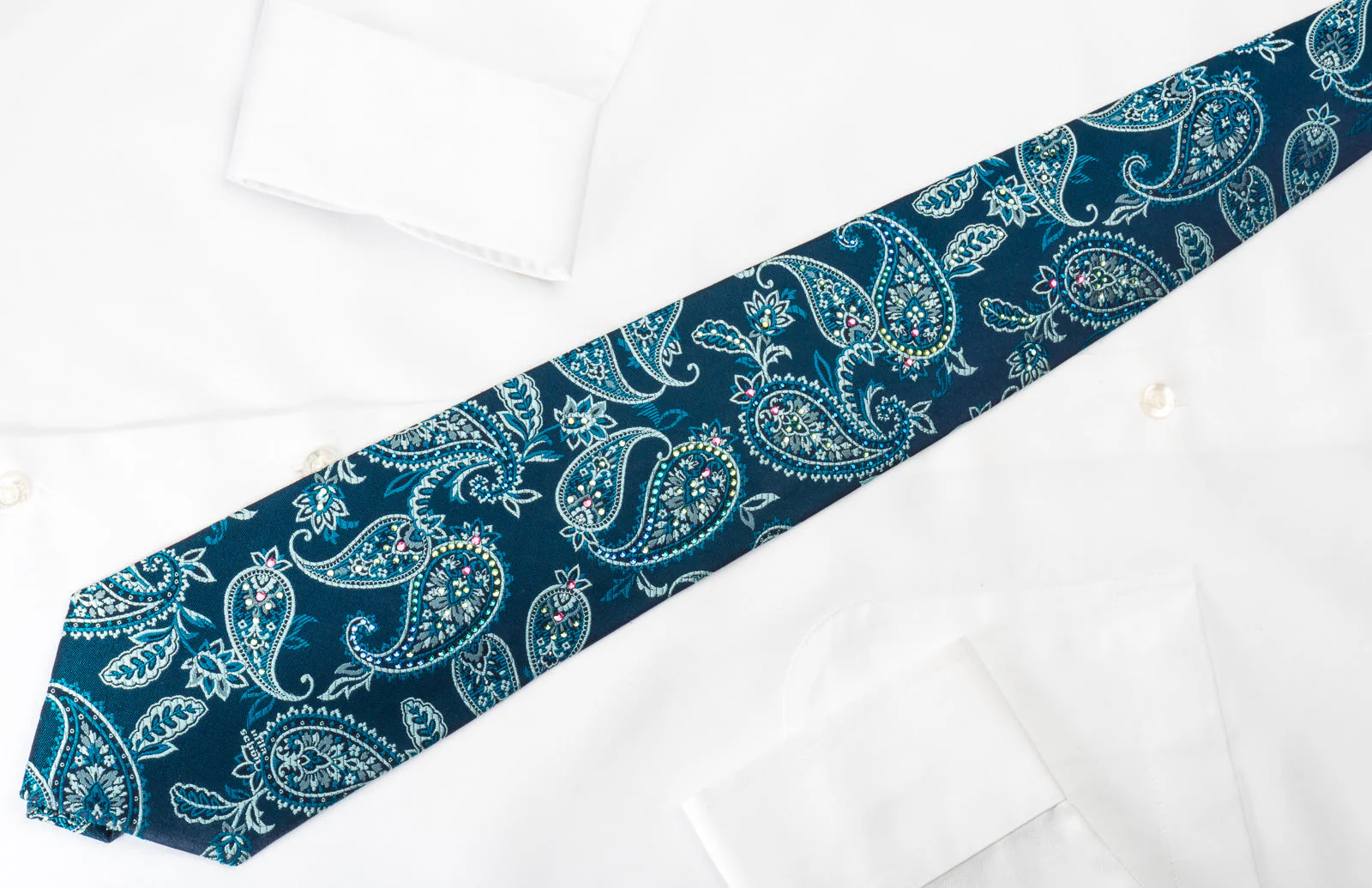 Mila Schon Silk Rhinestone Necktie Paisley On Blue With Silver Sparkles - Image 4