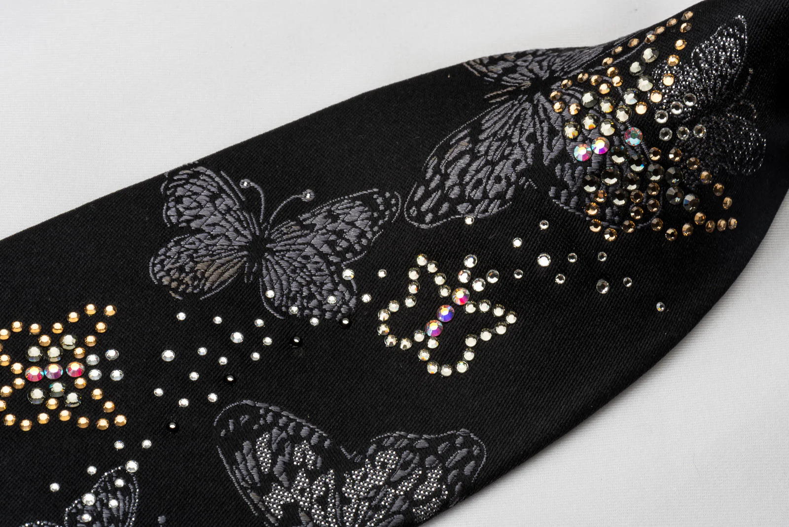 Mila Schon Silk Rhinestone Necktie Silver Butterflies On Black With Sparkles - Image 4
