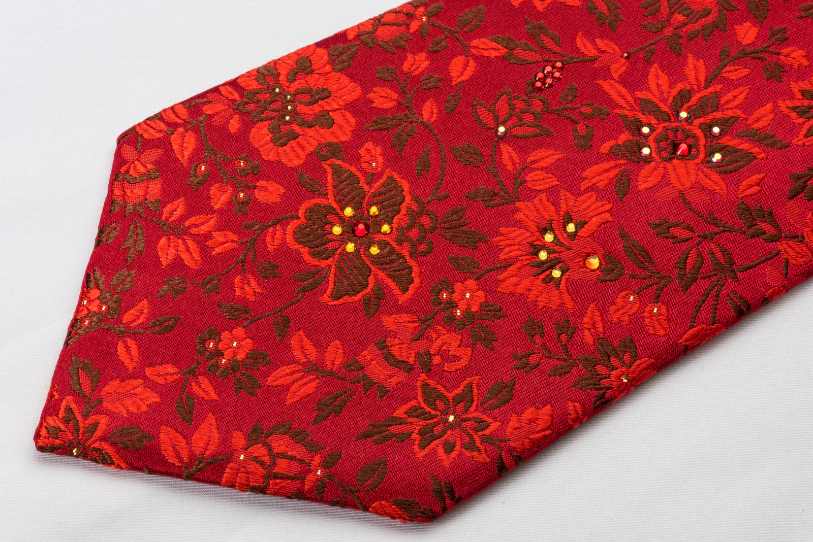 Mila Schon Silk Rhinestone Tie Floral On Red With Silver Sparkles - Image 3