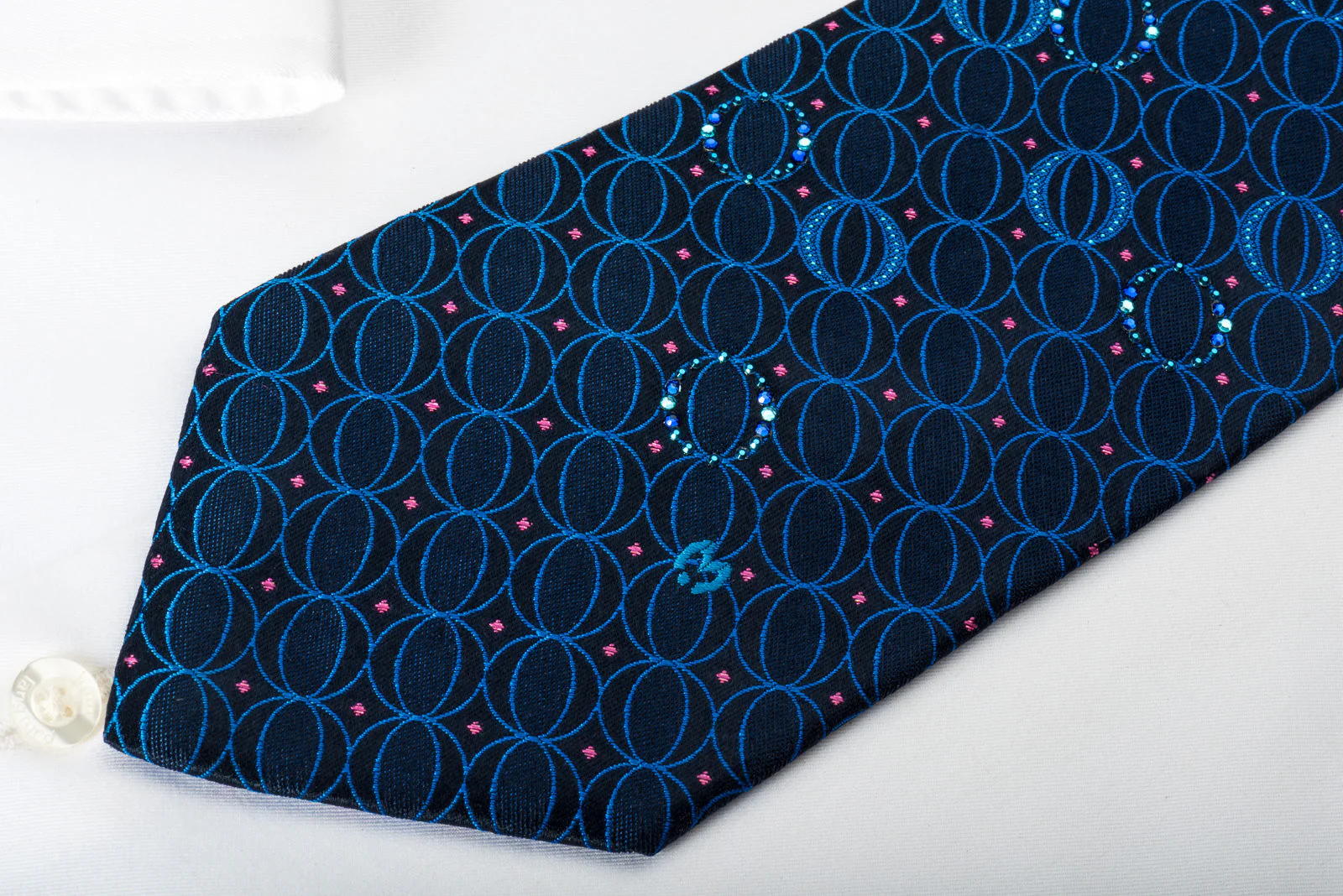 Mila Schon Silk Rhinestone Tie Geometric Ovals On Blue With Sparkles - Image 6