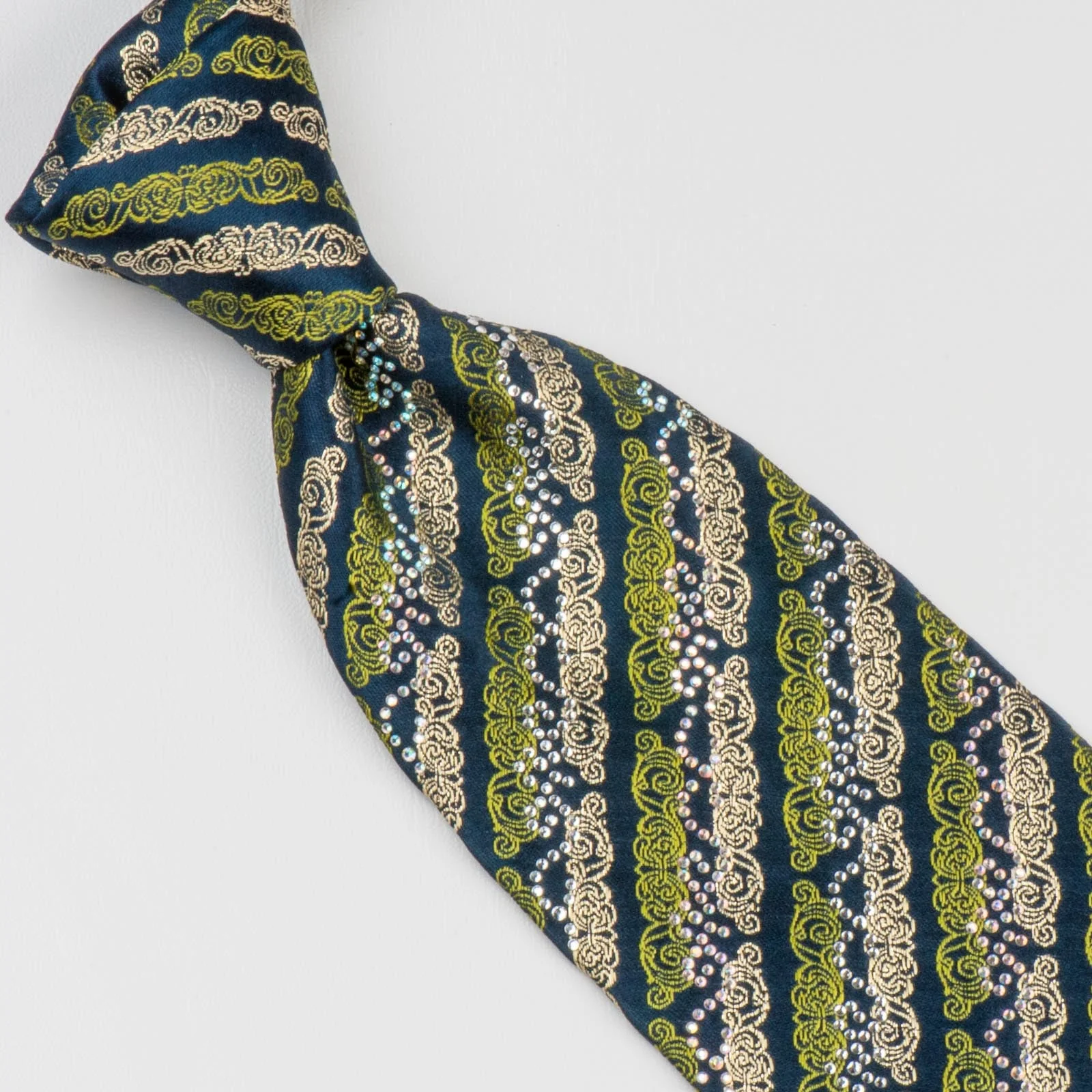 Milla Schon Silk NeckTie Striped Scrolls In Gold Green On Black With Rhinestones - Image 5