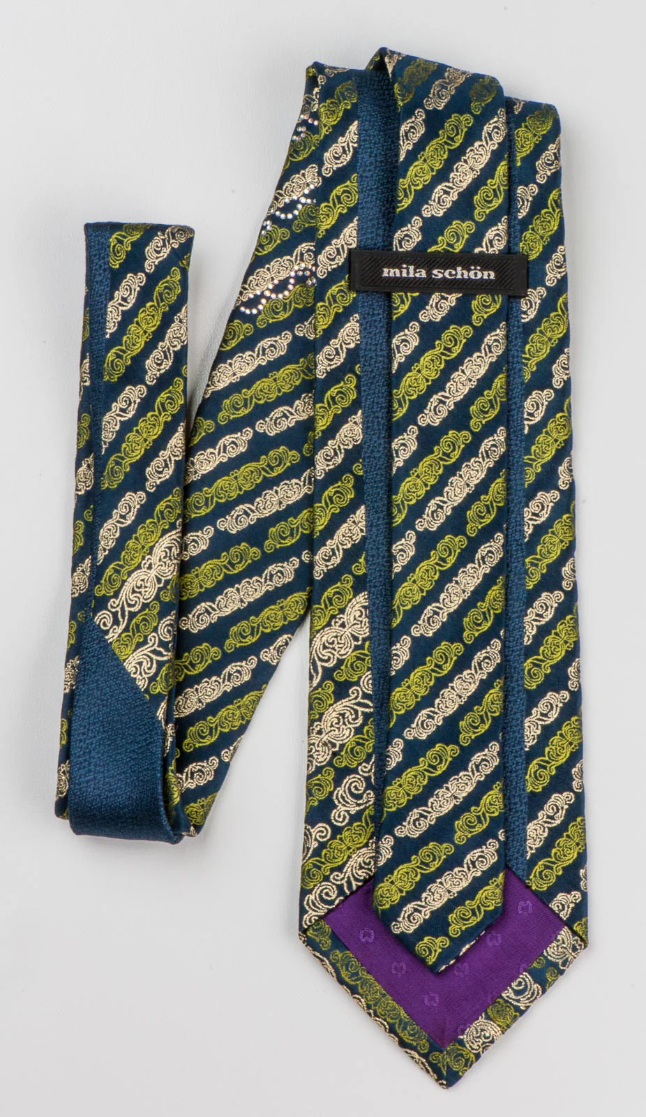 Milla Schon Silk NeckTie Striped Scrolls In Gold Green On Black With Rhinestones - Image 7