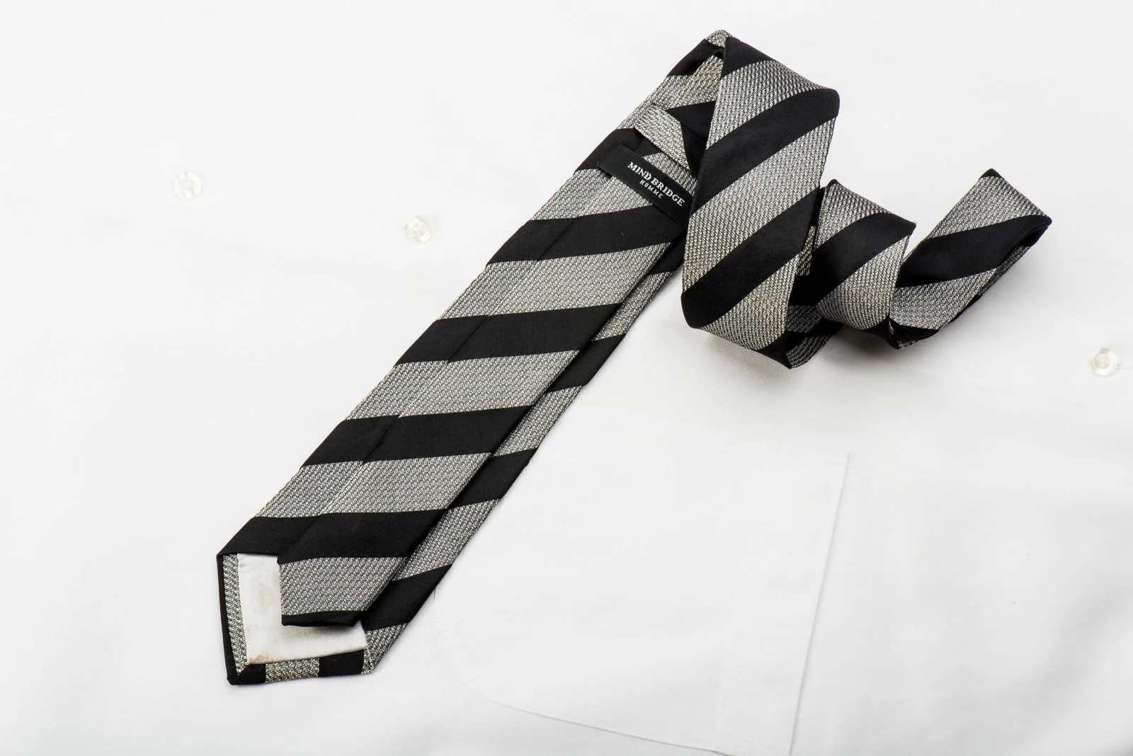 Mind Bridge Homme Skinny Tie Silver Stripes On Woven Black Silk - Image 2