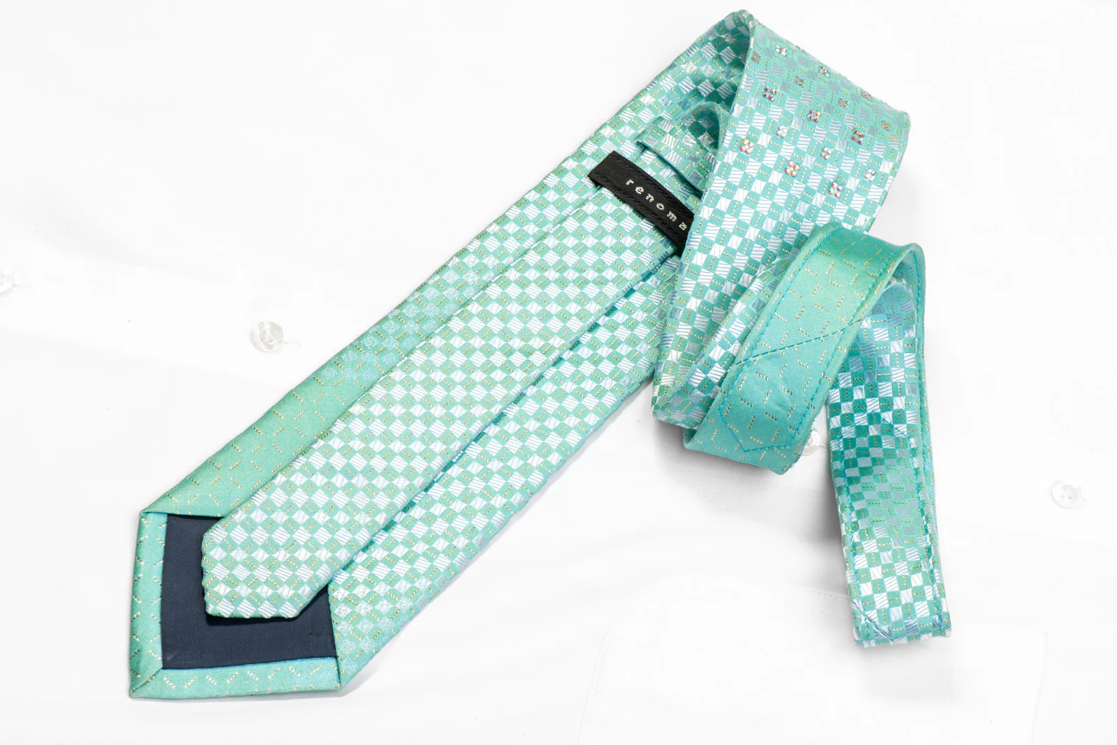 Mint Green Checkered Rhinestone Tie With Gold Sparkles - Image 4