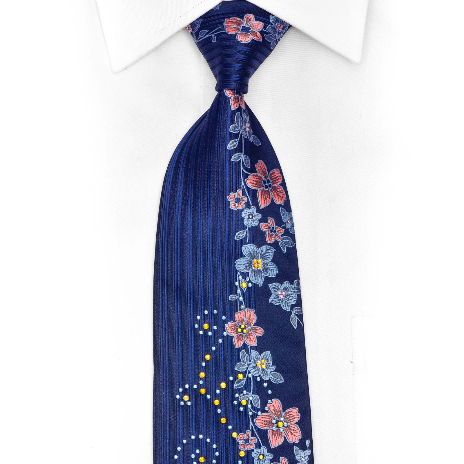 Pink Blue Floral On Navy Rhinestone Silk Necktie