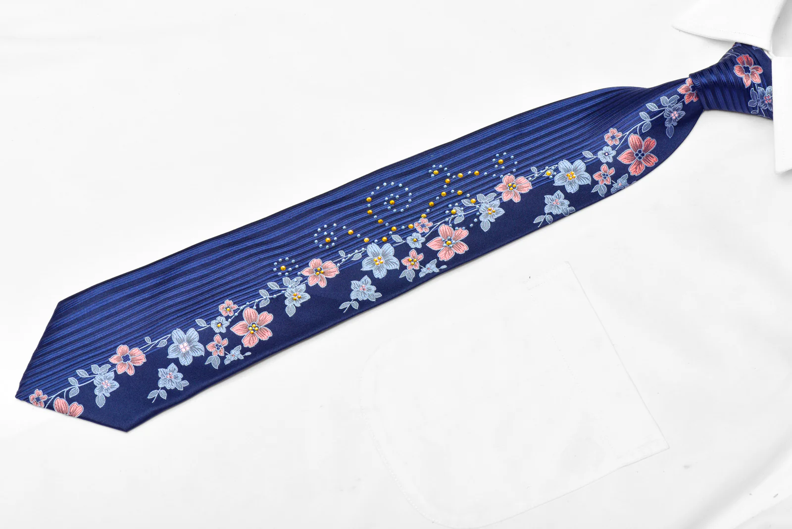 Pink Blue Floral On Navy Rhinestone Silk Necktie - Image 2
