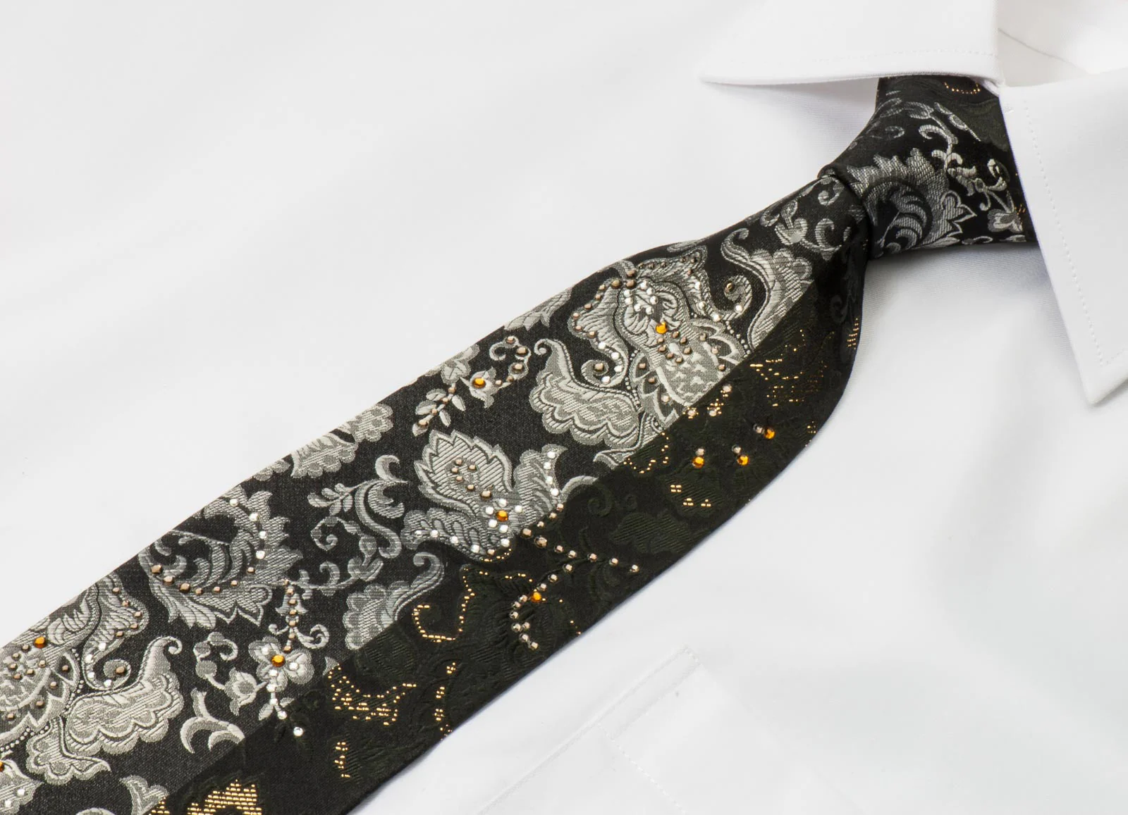 Naboth Men's Silk Rhinestone Necktie Silver Floral Paisley On Black With Silver Sparkles - Image 7