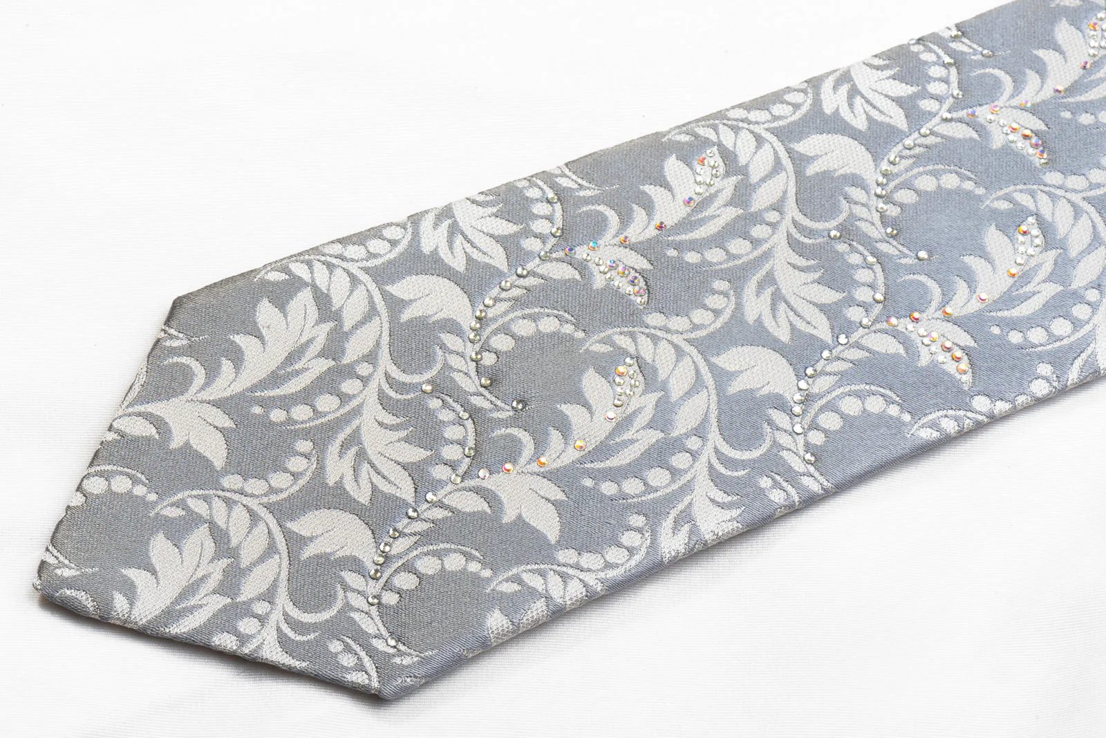 Nicole St Giles Men's Crystal Necktie Acanthus Scrolls On Silver Silk - Image 3