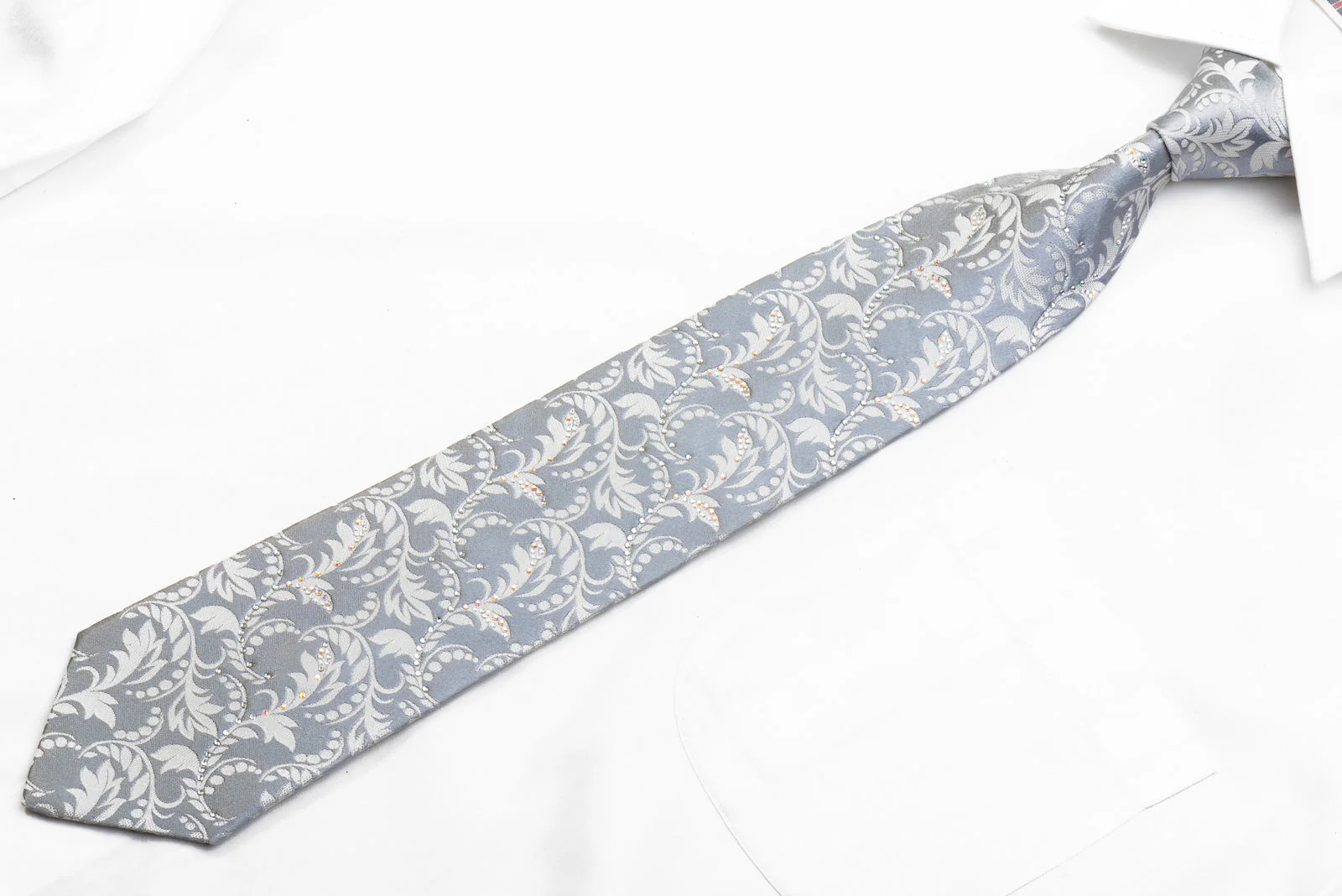 Nicole St Giles Men's Crystal Necktie Acanthus Scrolls On Silver Silk - Image 4