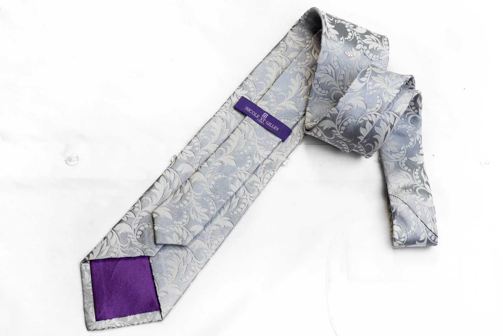 Nicole St Giles Men's Crystal Necktie Acanthus Scrolls On Silver Silk - Image 5