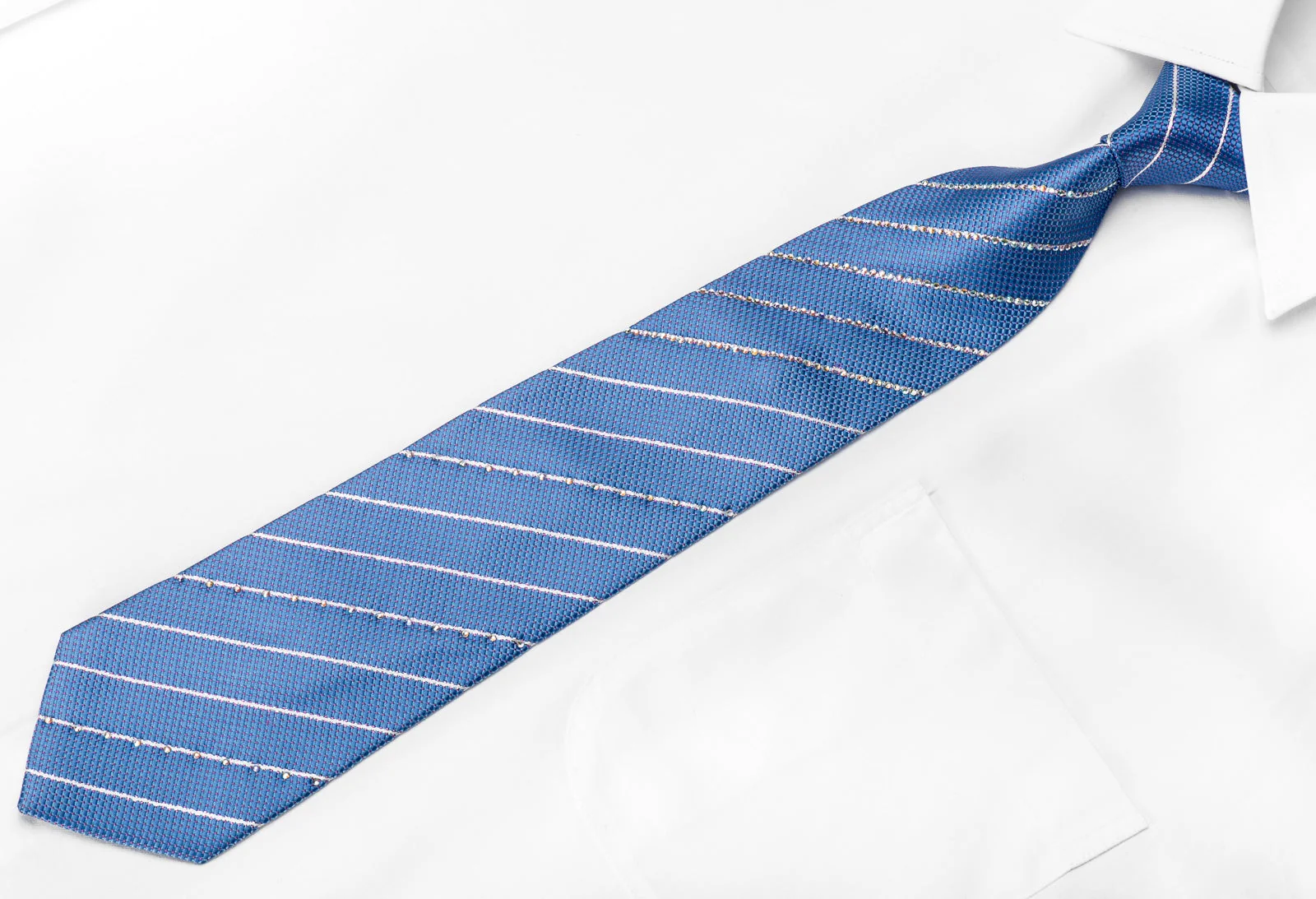 Nicole St Giles Men's Crystal Rhinestone Silk Necktie Crystal Striped On Blue With Sparkles - Image 3