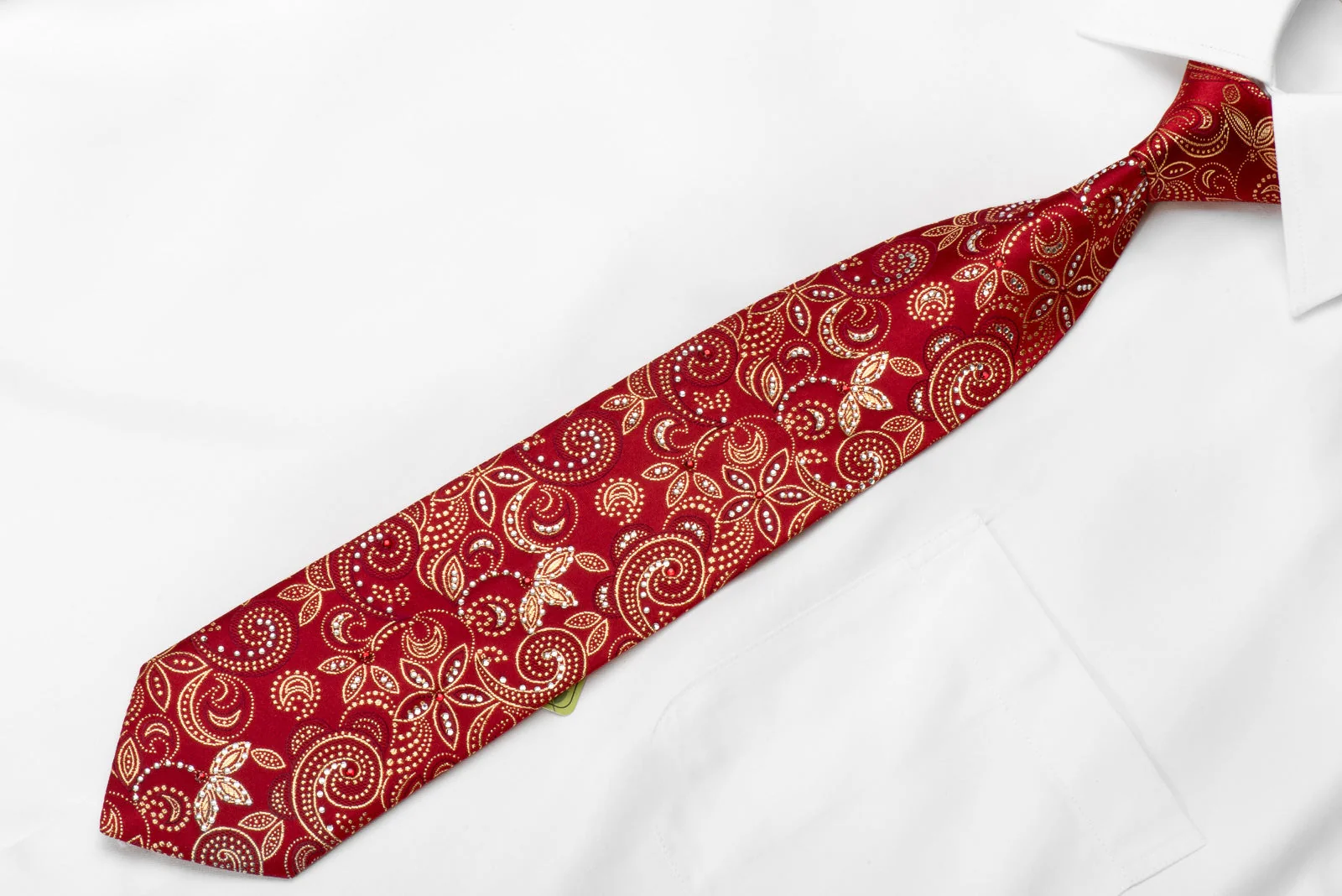 Gold Floral On Red Rhinestone Silk Tie With Golden Sparkles - Image 5