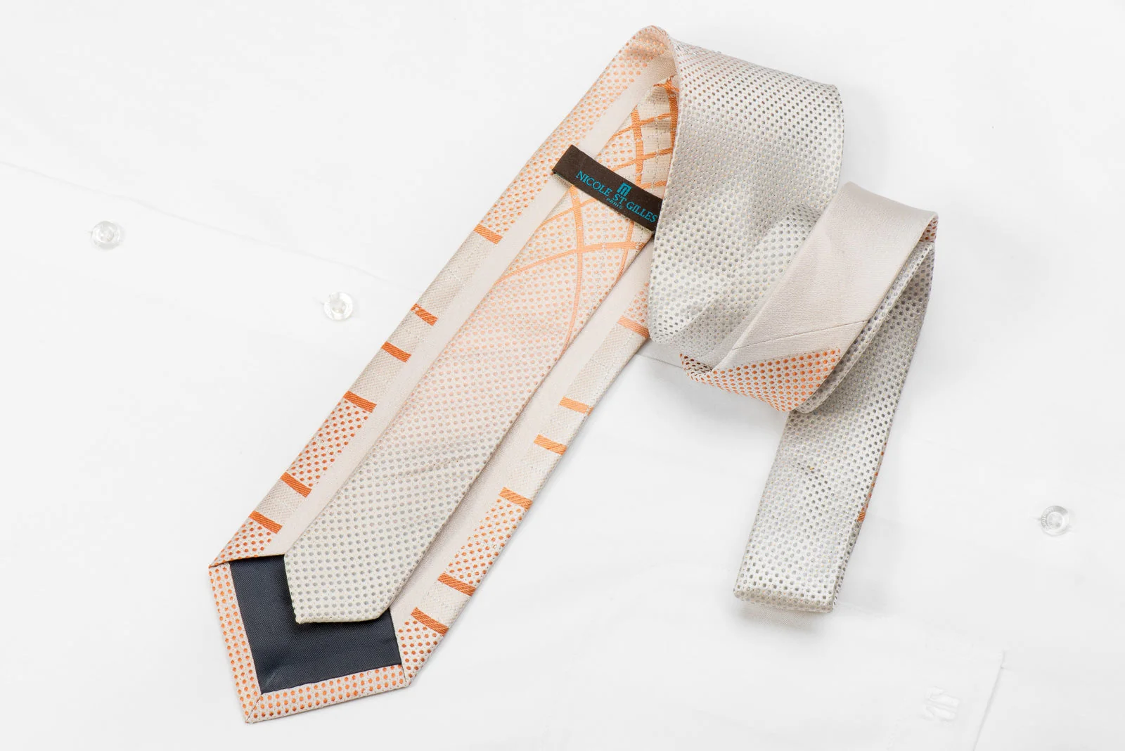 Nicole St Giles Men's Crystal Silk Necktie Orange Silver Geometric On Peach Silver With Sparkles - Image 4